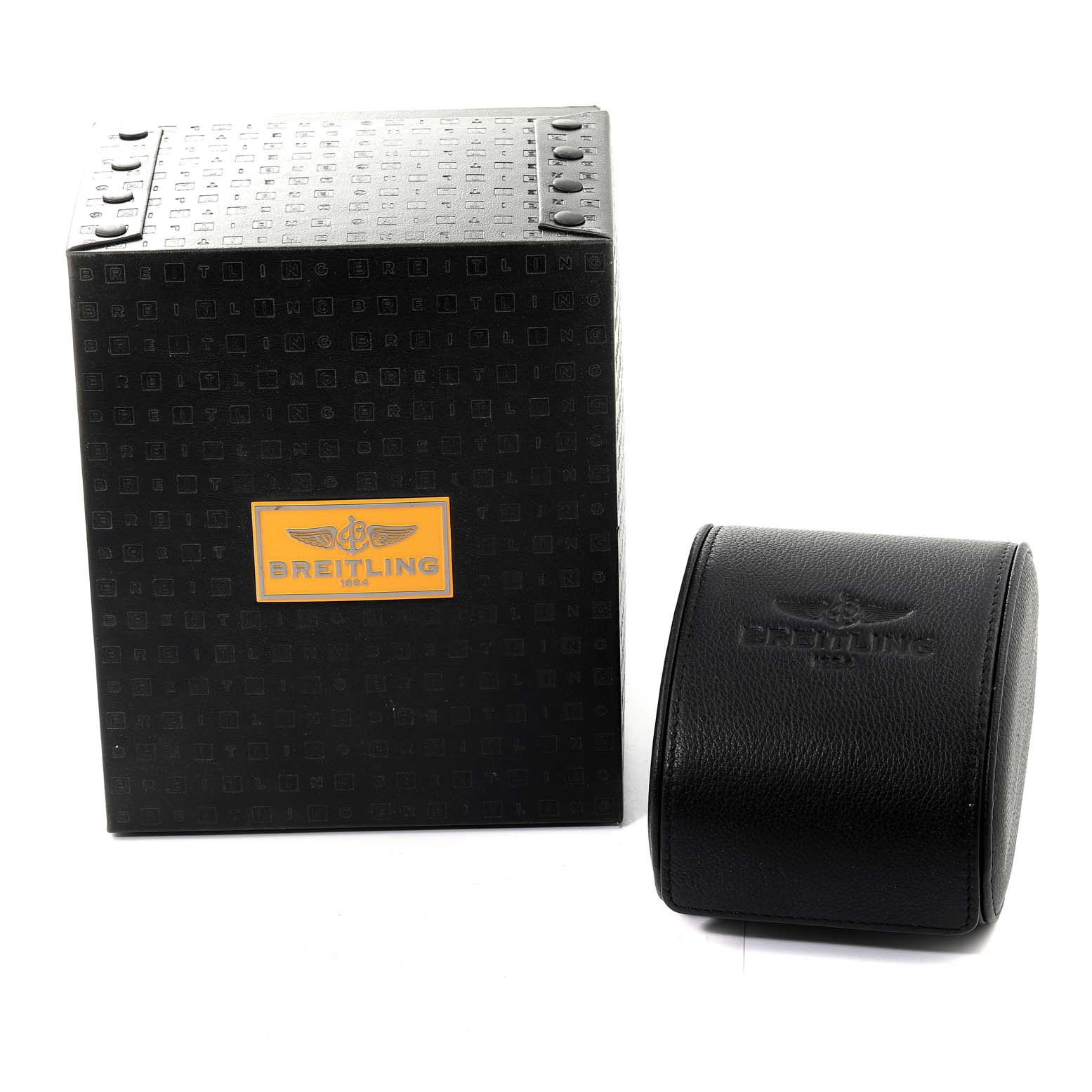 The image shows a Breitling Bentley A13362 Men's Stainless Steel Black Dial A13362 Men's Stainless Steel Black Dial model watch box and a separate black leather watch case, photographed from the front.