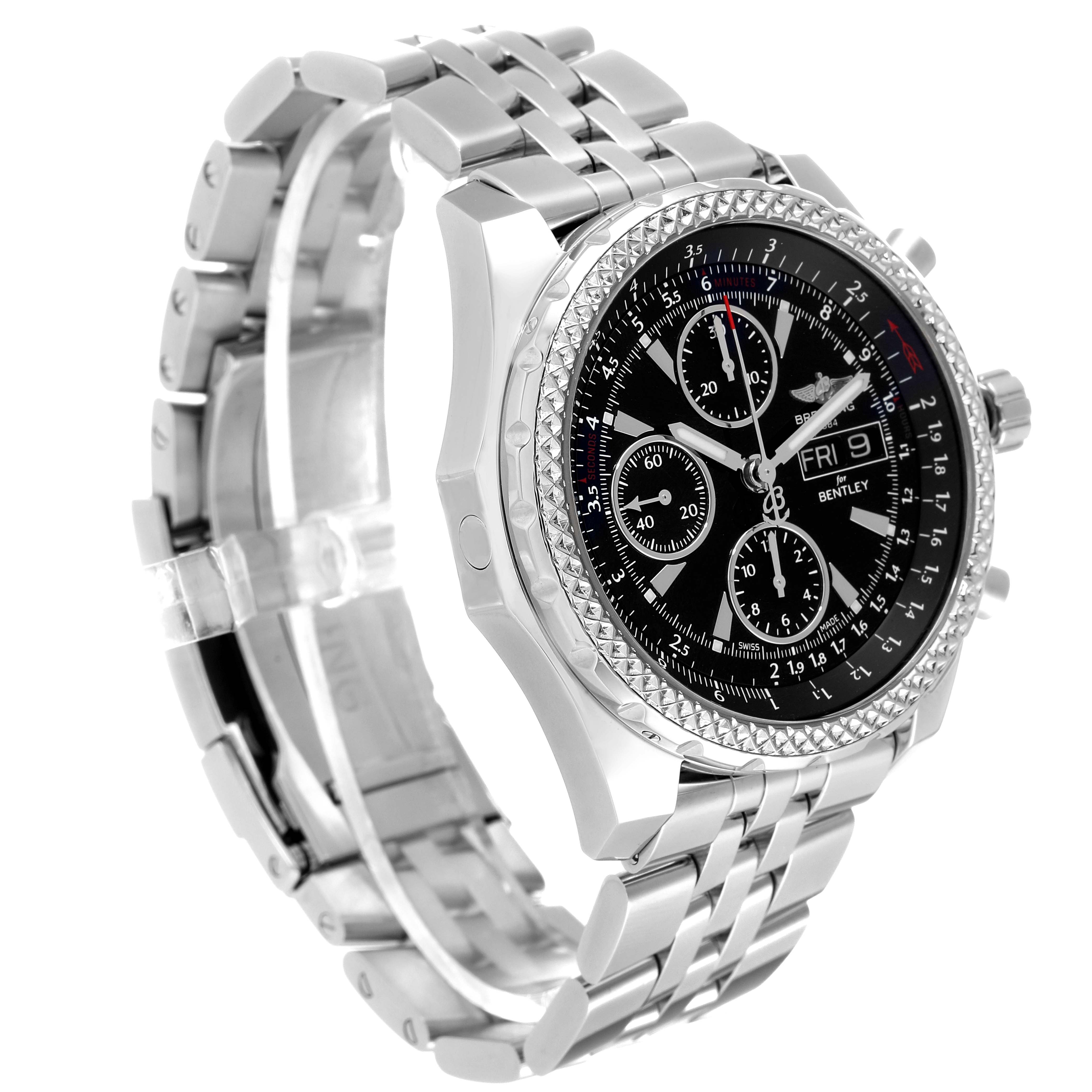 The Bentley model by Breitling is shown at an angled view, highlighting the black dial, chronographs, and stainless steel bracelet.