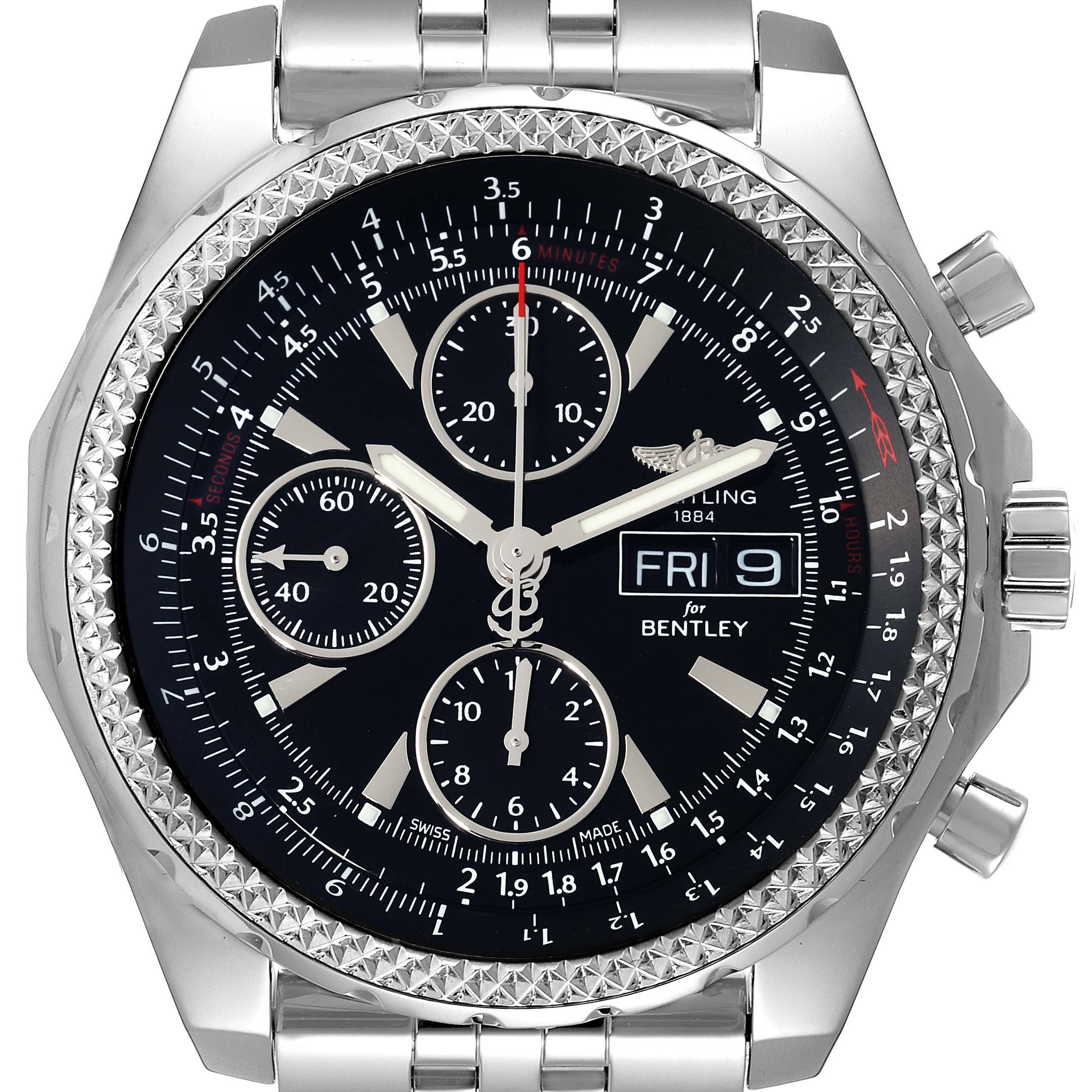 The image shows a front view of the Breitling Bentley A13362 Men's Stainless Steel Black Dial A13362 Men's Stainless Steel Black Dial watch, highlighting the dial, chronograph sub-dials, and metal bracelet.