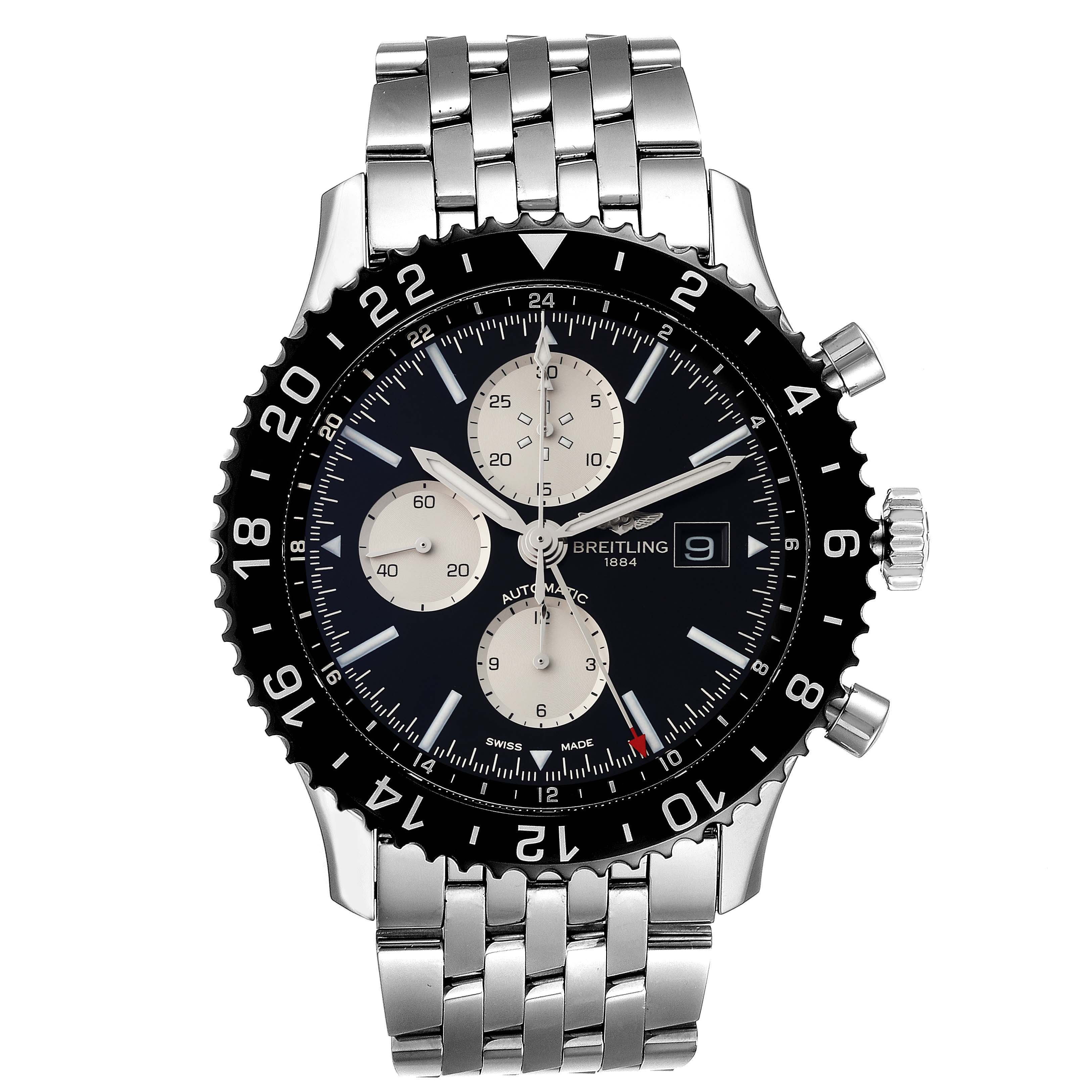 The Breitling Chronoliner Y2431012/BE10 Men's Stainless Steel Black Dial Y2431012/BE10 Men's Stainless Steel Black Dial watch is shown from the front, highlighting its face, bezel, and bracelet.