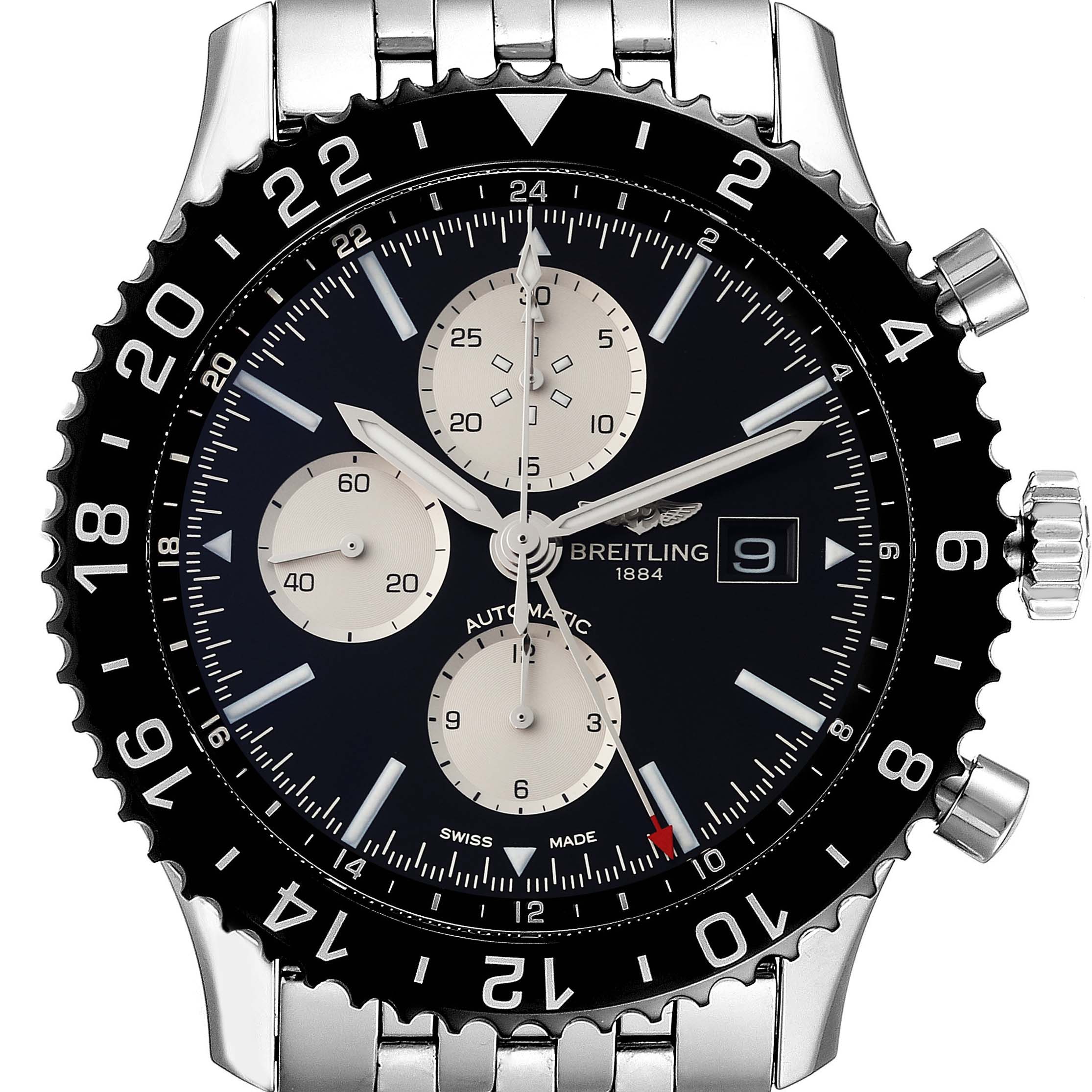 The Breitling Chronoliner Y2431012/BE10 Men's Stainless Steel Black Dial Y2431012/BE10 Men's Stainless Steel Black Dial watch is shown from the front, highlighting the dial, bezel, and crown.