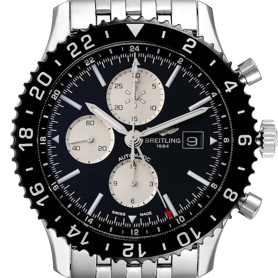 The Breitling Chronoliner watch is shown from the front, highlighting the dial, bezel, and crown.