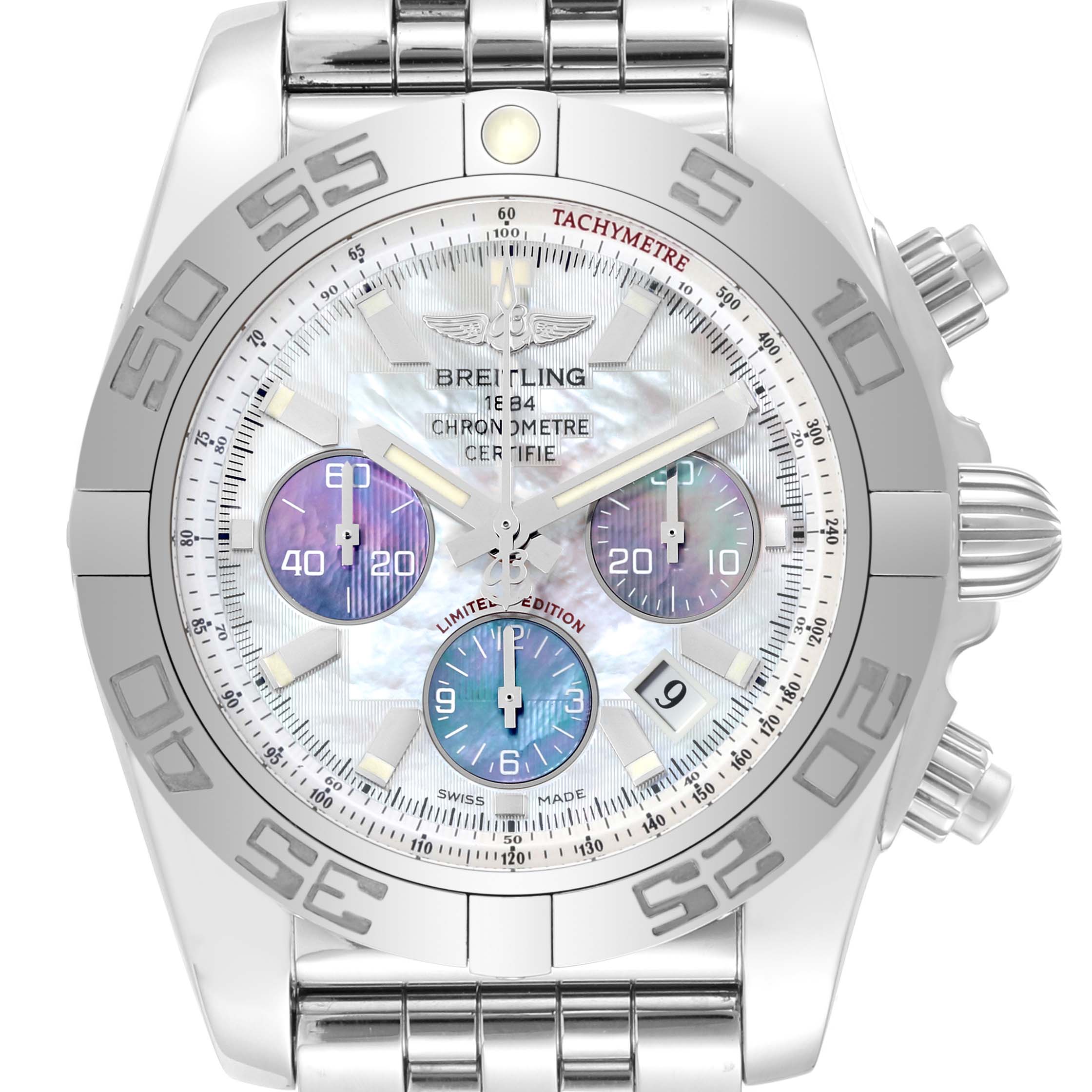 This image shows a frontal view of a Breitling Chronomat AB0110 Men's Stainless Steel Mother of Pearl Dial AB0110 Men's Stainless Steel Mother of Pearl Dial watch, highlighting the bezel, dial, subdials, and pushers.