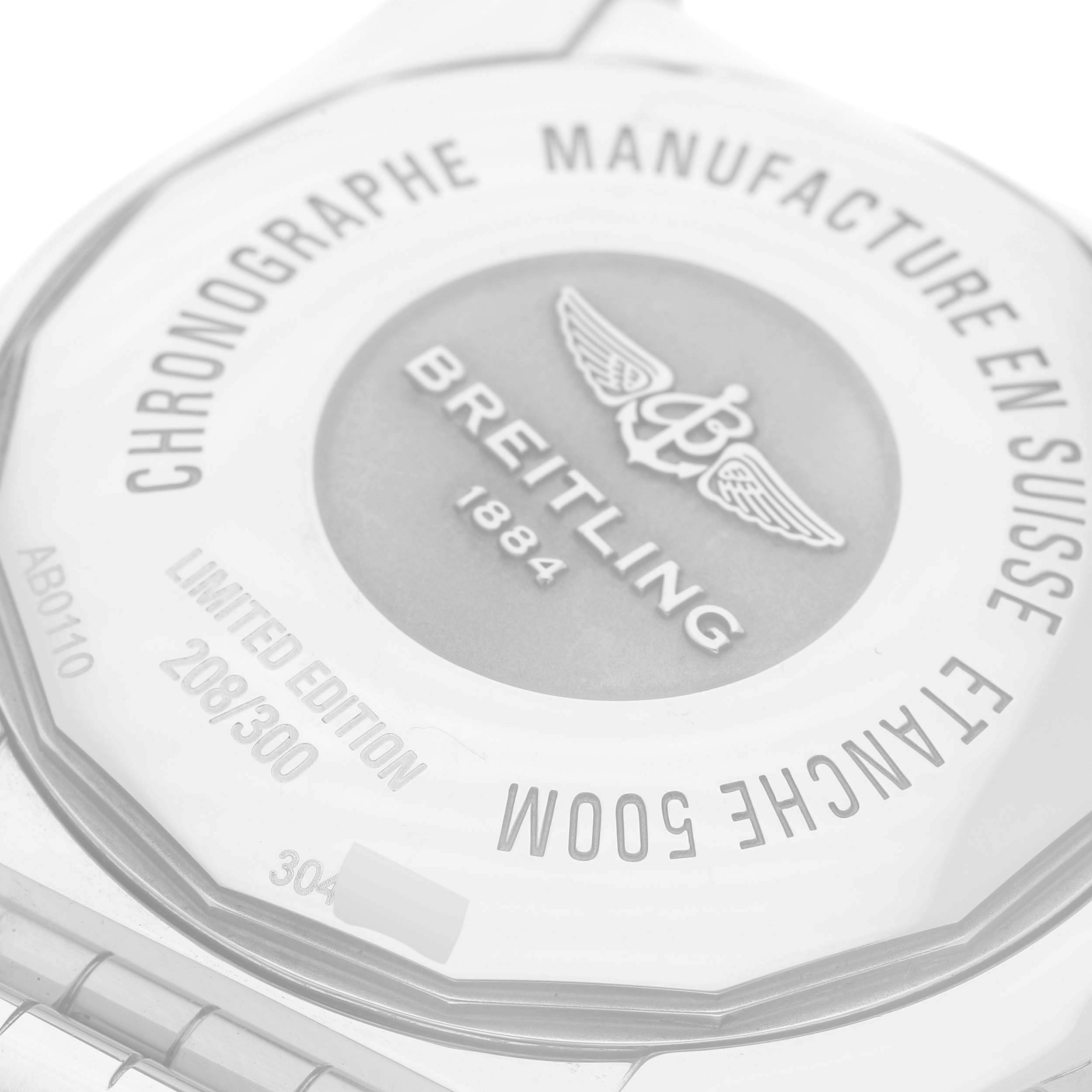 The image shows the back case of the Breitling Limited Edition model, highlighting the branding and limited edition engraving.