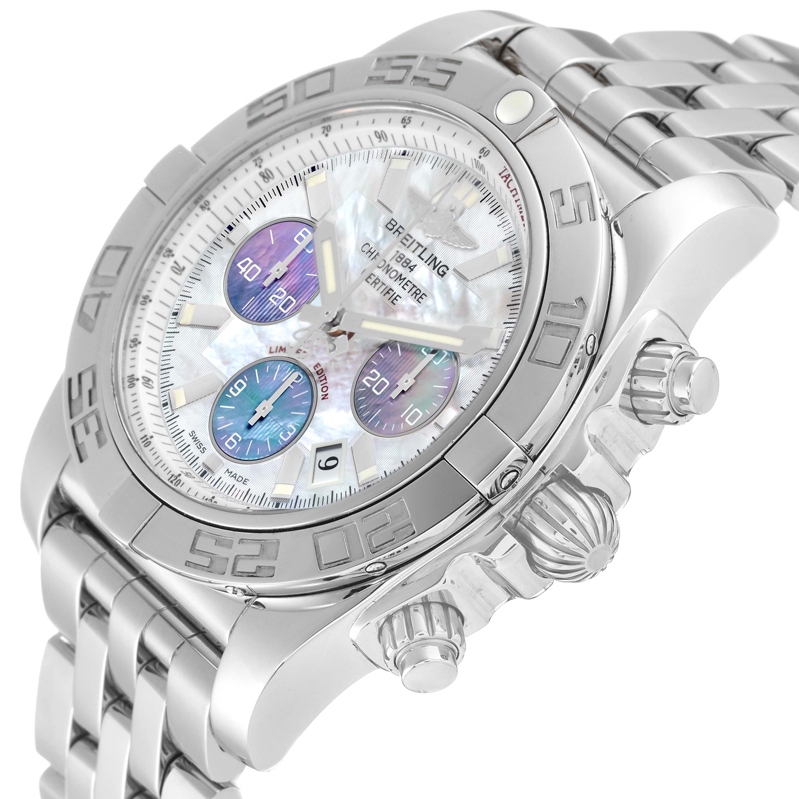 The image shows a side and front angle of the Limited Edition Breitling Chronometre Certifie watch, highlighting the bezel, dial, and crown.