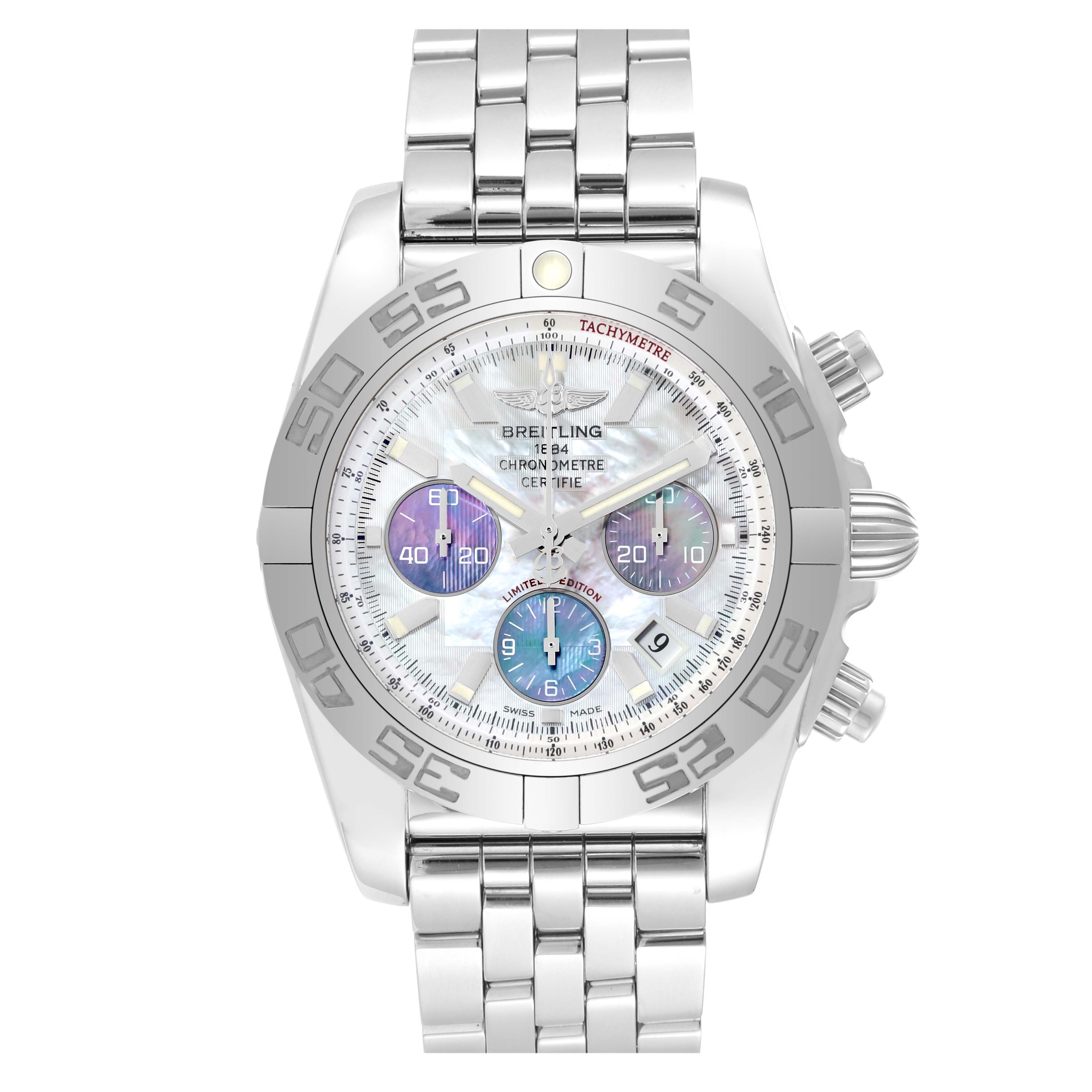 The image shows a frontal view of the Breitling Limited Series watch, highlighting its dial, bezel, and bracelet.