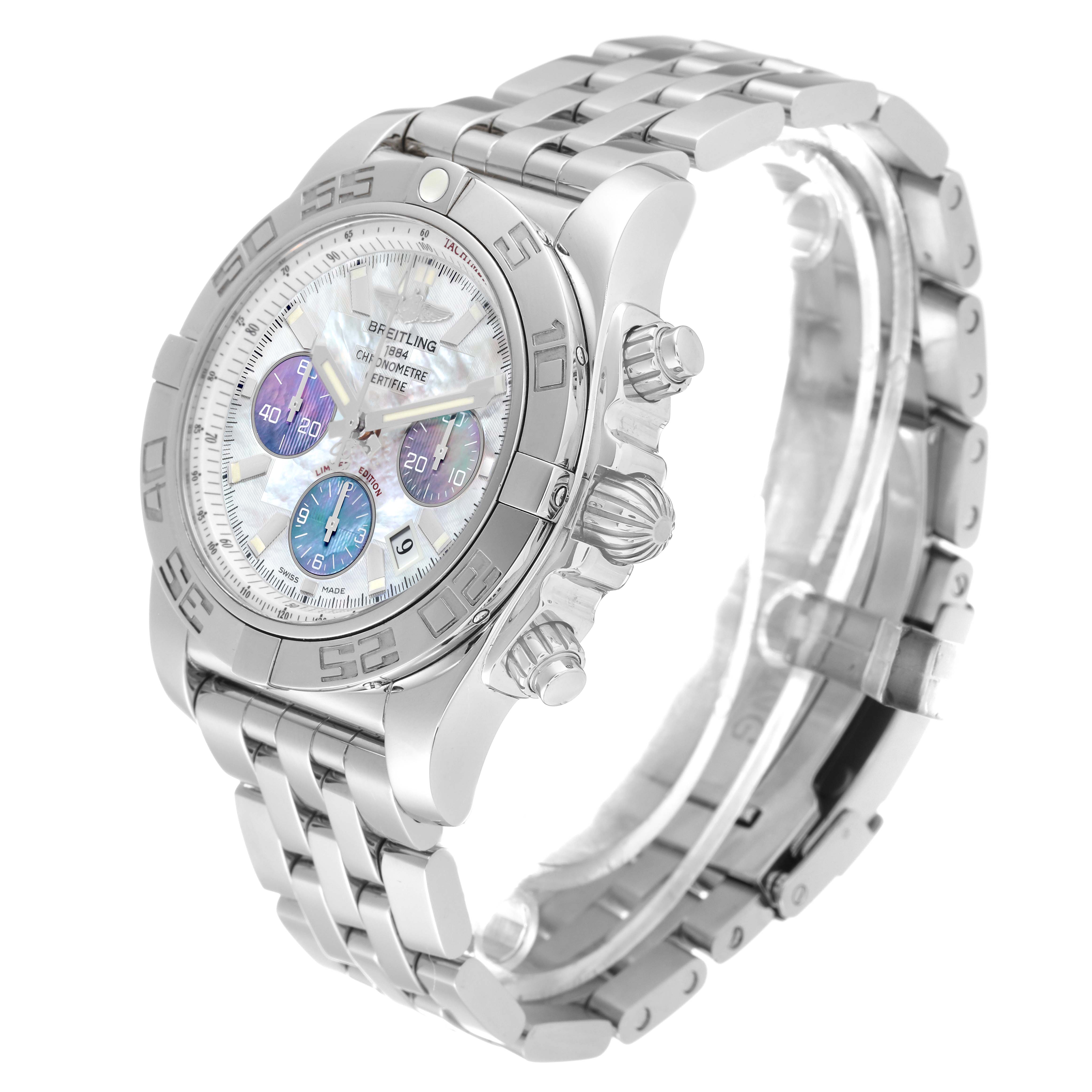 The Breitling Limited Series model watch is shown from an angled view, highlighting its dial, bezel, and stainless steel bracelet.