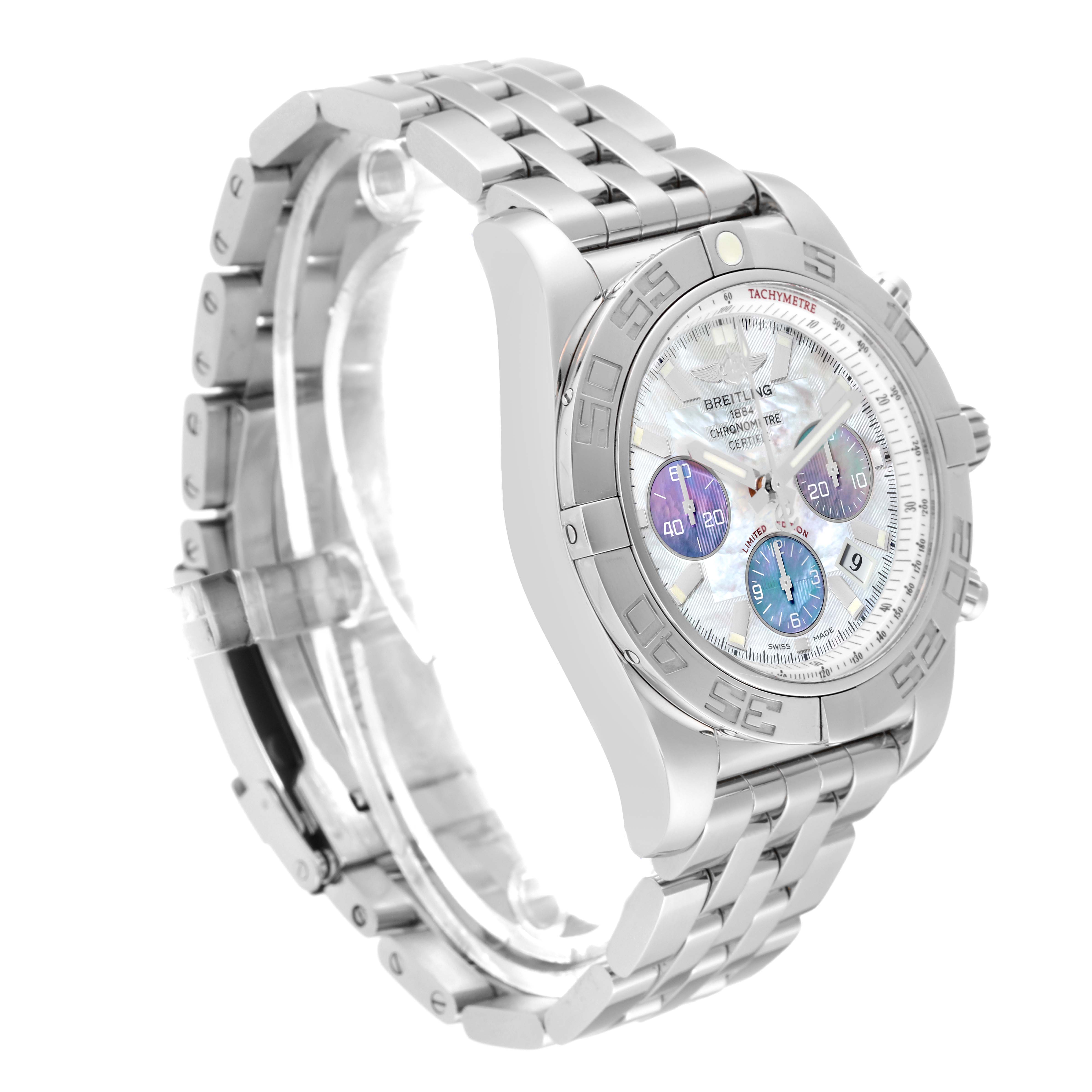 The image shows a Breitling Limited Series model watch at a three-quarter angle, highlighting the face, bezel, and bracelet.