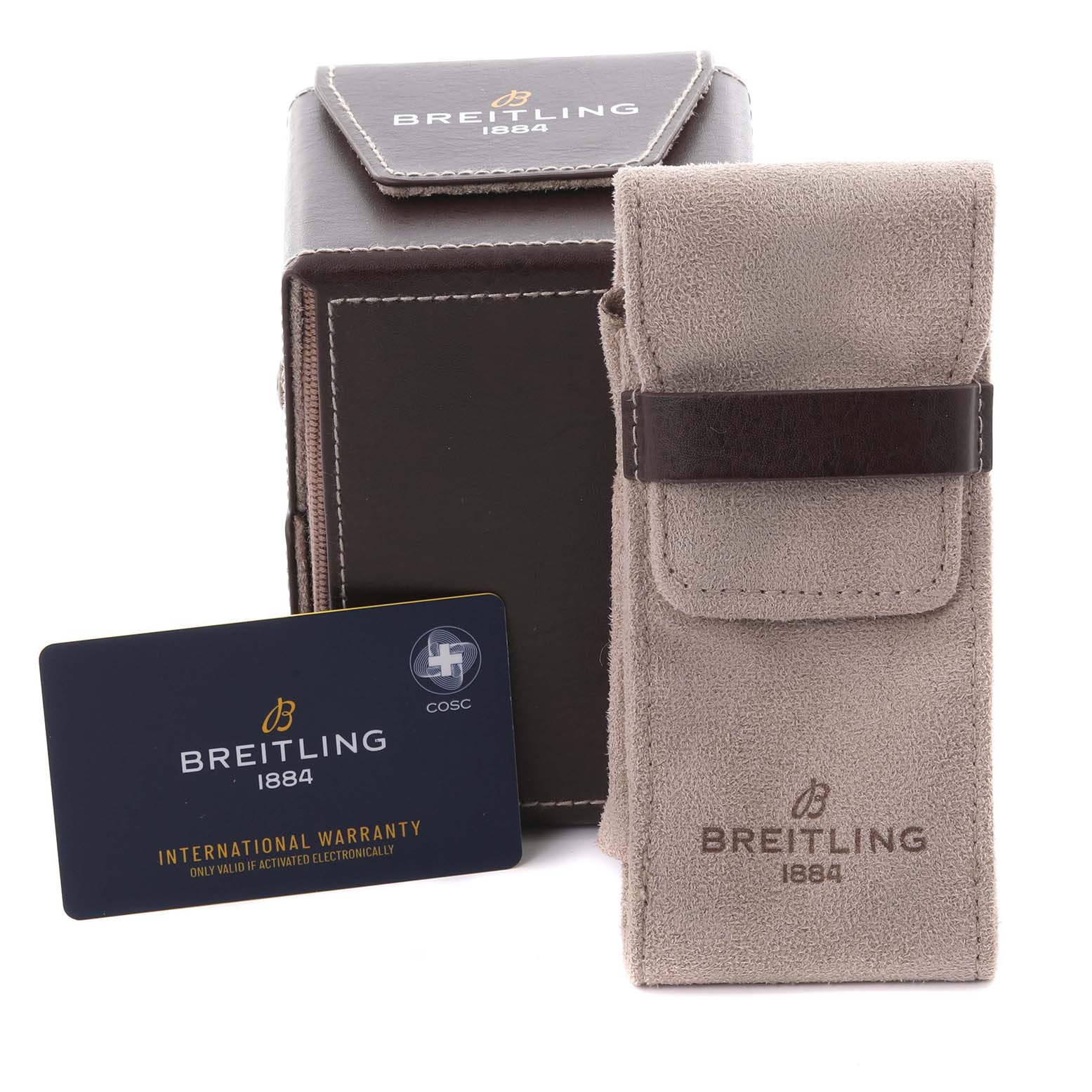 The image shows a Breitling Chronomat RB0136 Men's Rose Gold Blue Dial RB0136 Men's Rose Gold Blue Dial watch's packaging, including a suede case, a box, and an international warranty card.