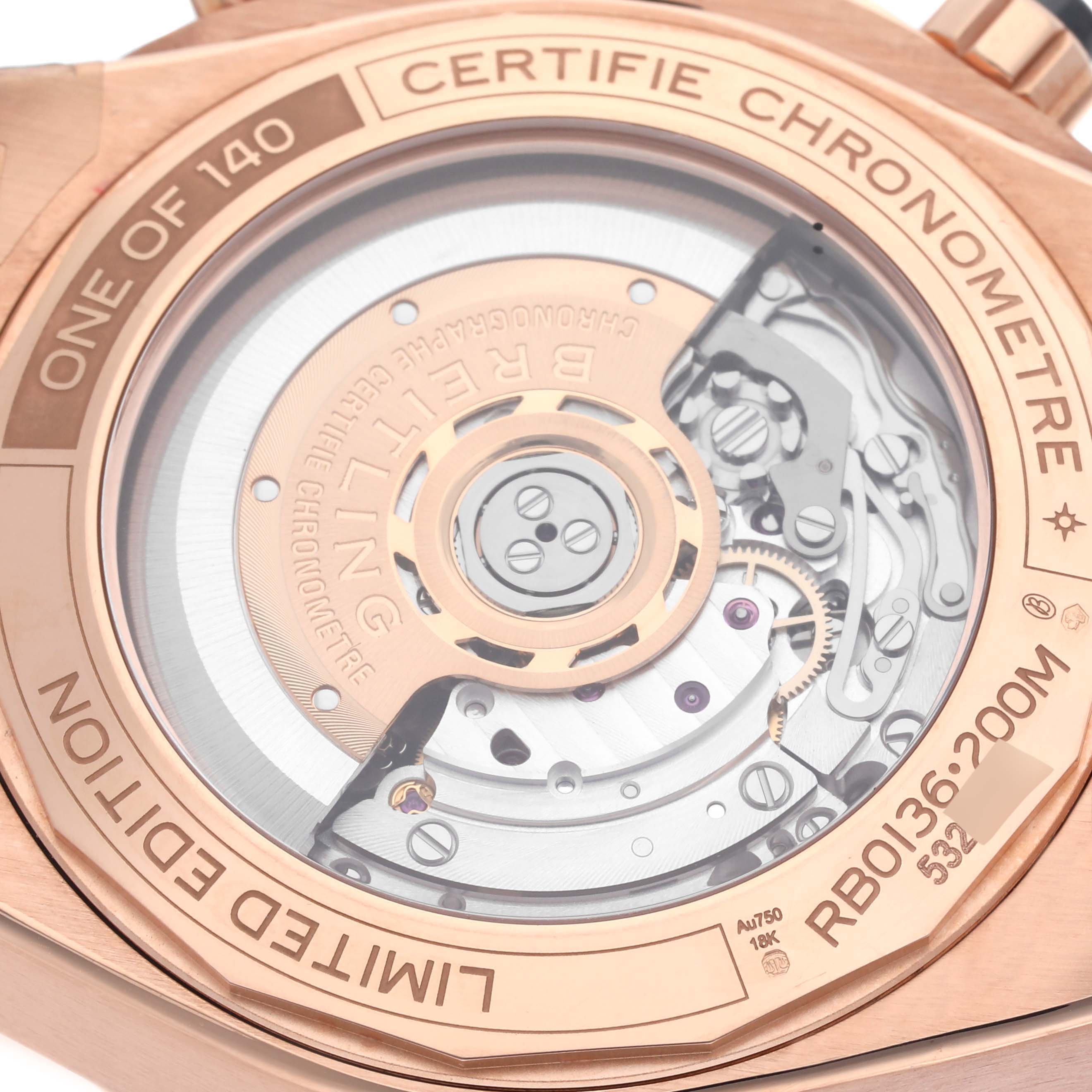 The image shows the transparent back case of a Breitling Chronomat RB0136 Men's Rose Gold Blue Dial RB0136 Men's Rose Gold Blue Dial, revealing the movement and limited edition details.