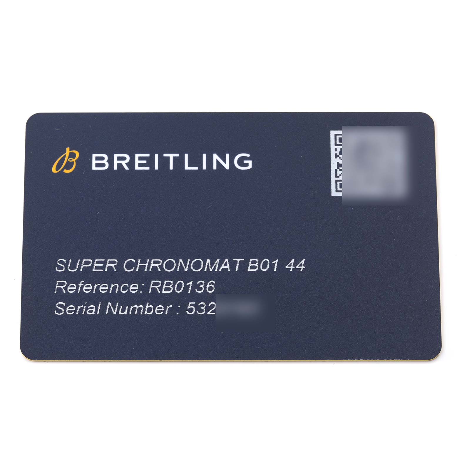 The image shows a Breitling Chronomat RB0136 Men's Rose Gold Blue Dial RB0136 Men's Rose Gold Blue Dial model warranty card with details and serial number.