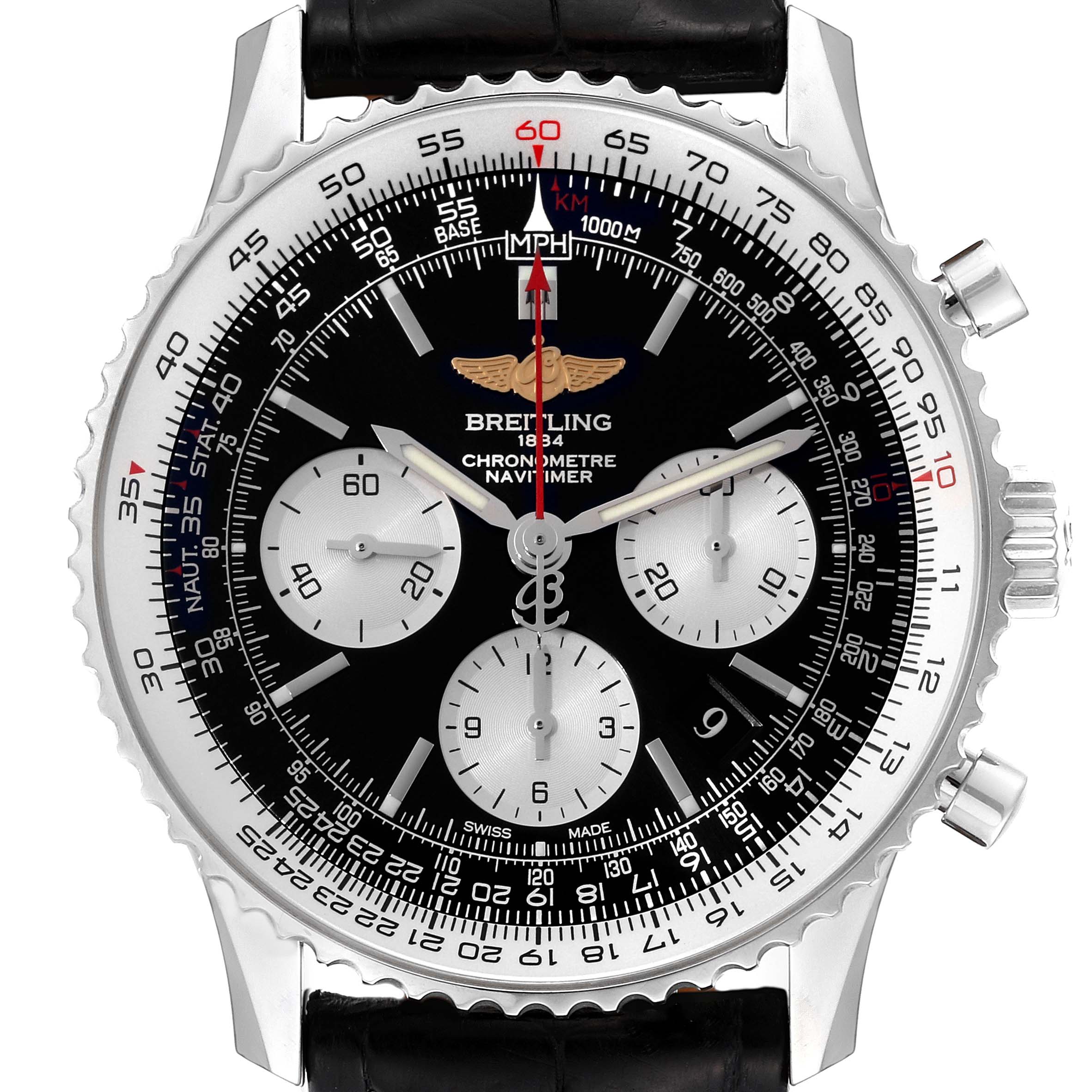 This is a close-up of the Breitling Navitimer AB0120 Men
s Stainless Steel Black Dial AB0120 Men
s Stainless Steel Black Dial watch, showing the face, bezel, indices, subdials, and crown.