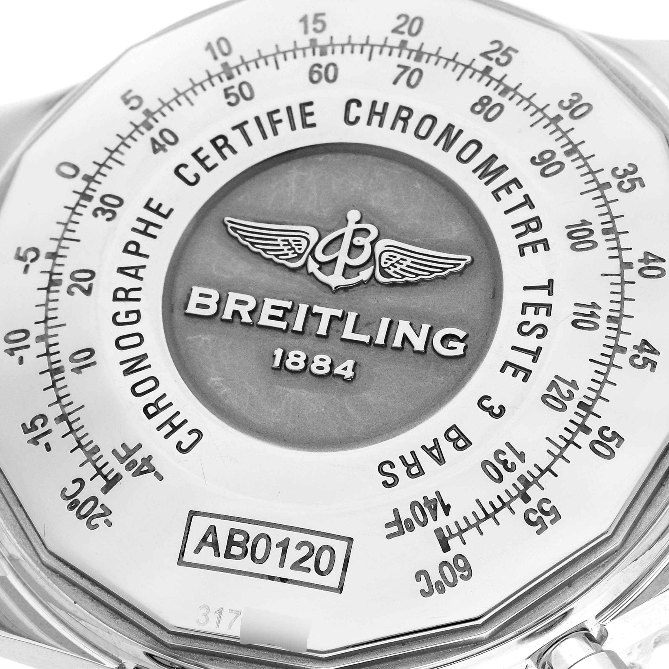 The image shows the back case of a Breitling Navitimer AB0120 Men
s Stainless Steel Black Dial AB0120 Men
s Stainless Steel Black Dial watch, displaying the brand
s name, logo, and various inscriptions.