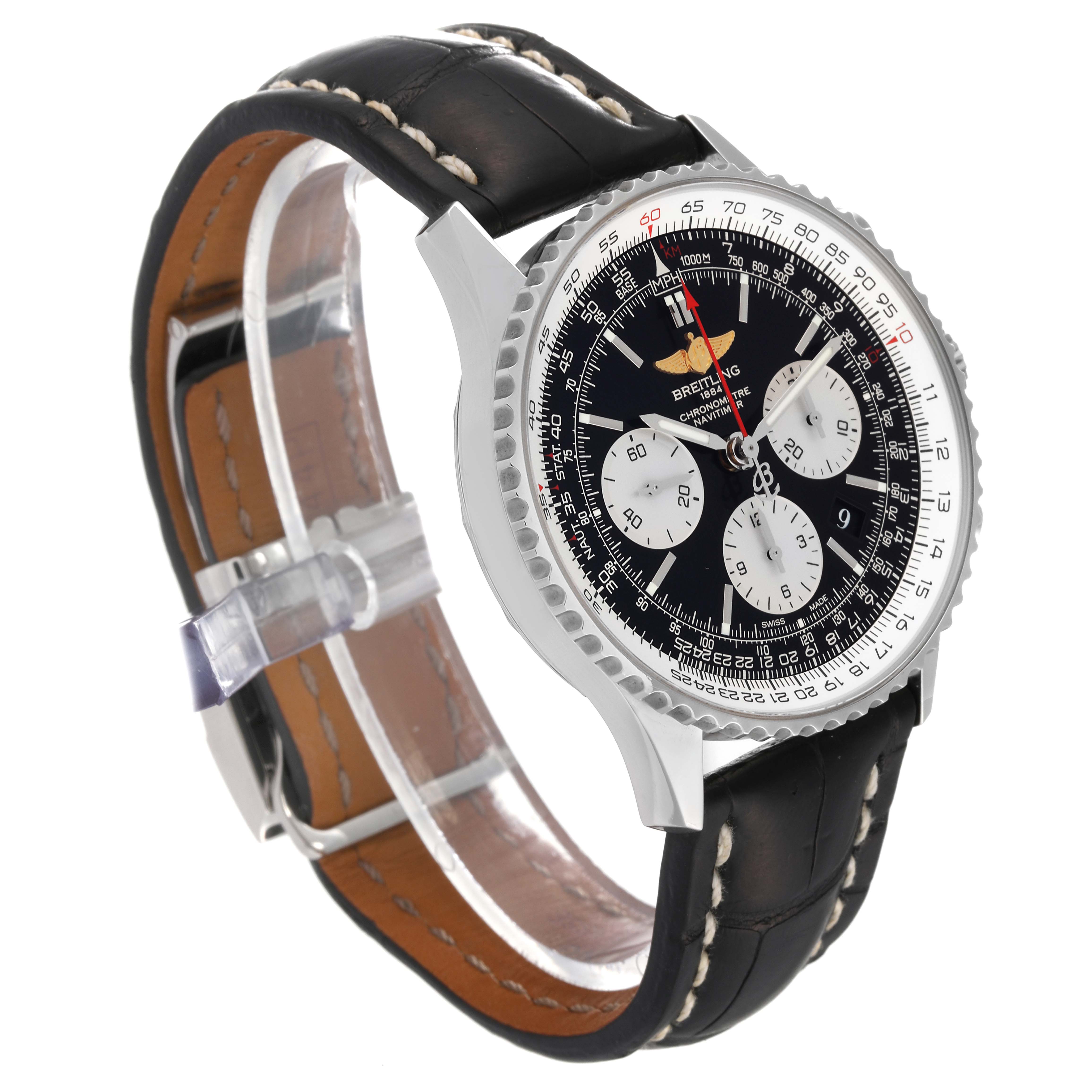 The image shows a Breitling Navitimer AB0120 Men
s Stainless Steel Black Dial AB0120 Men
s Stainless Steel Black Dial watch at an angled side view, highlighting its black leather strap and detailed dial.