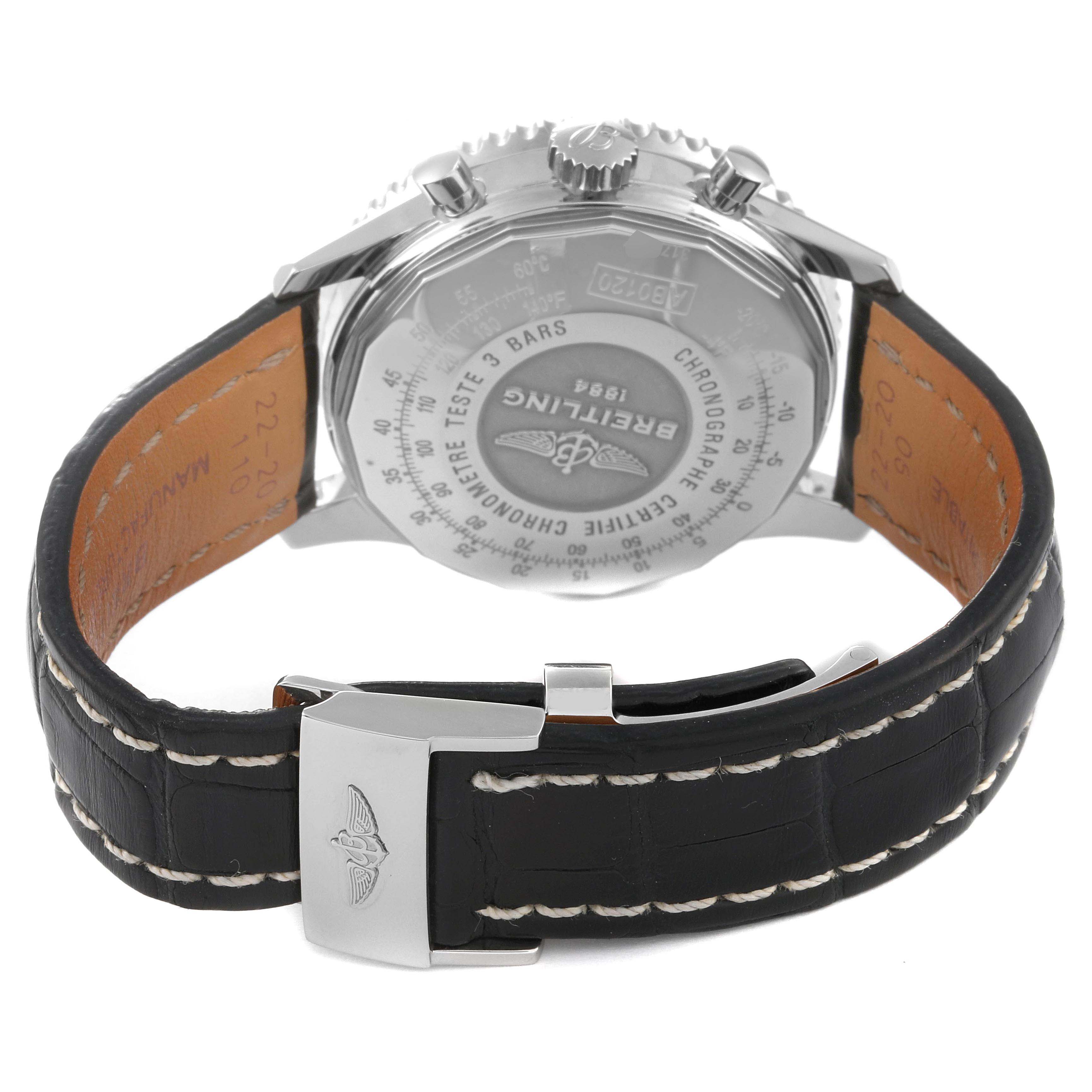 The image shows the back view of a Breitling Navitimer AB0120 Men
s Stainless Steel Black Dial AB0120 Men
s Stainless Steel Black Dial watch, focusing on the clasp, strap, and case back detailing.