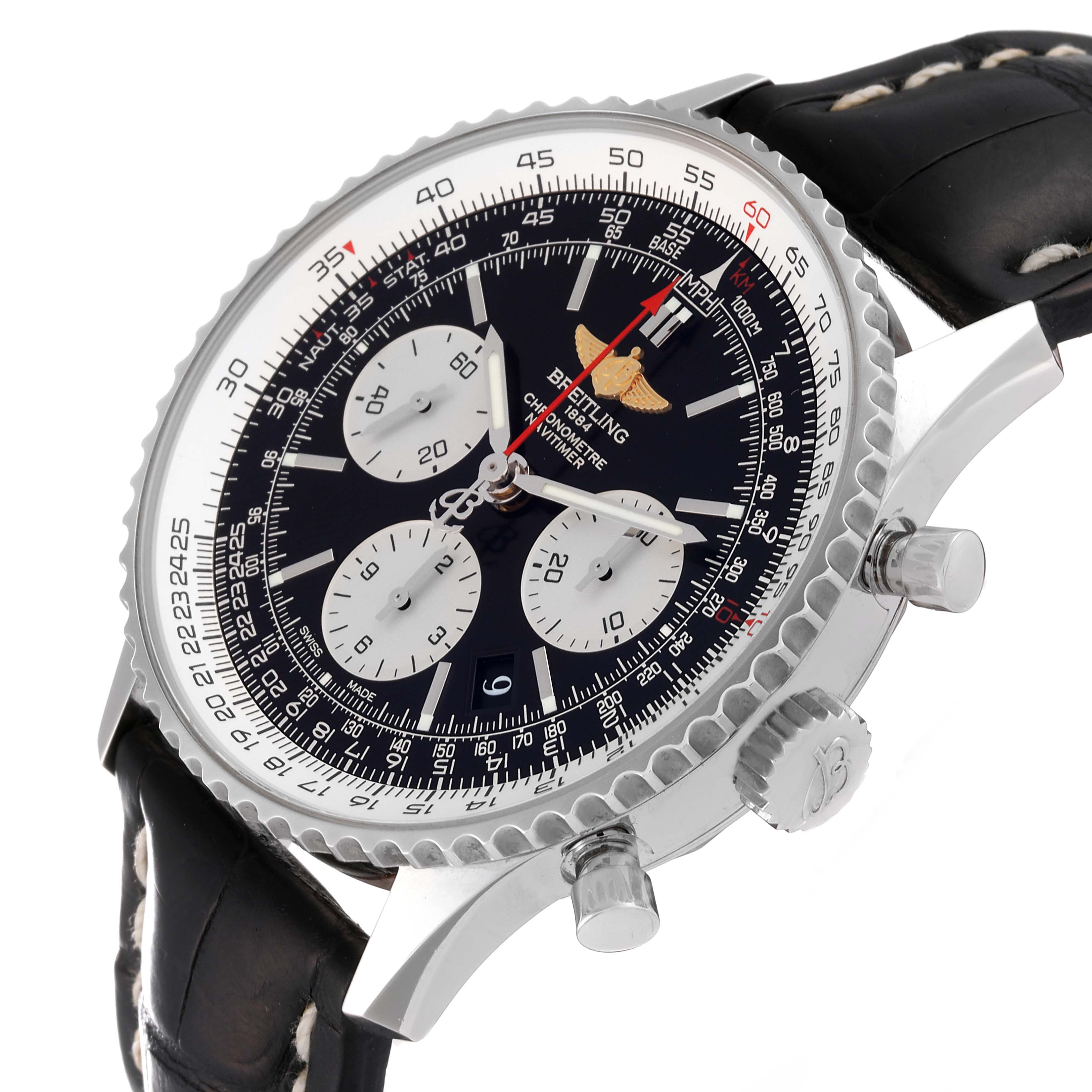 This image shows a Breitling Navitimer AB0120 Men
s Stainless Steel Black Dial AB0120 Men
s Stainless Steel Black Dial watch angled slightly from the front, highlighting the face, bezel, and partially the leather strap.