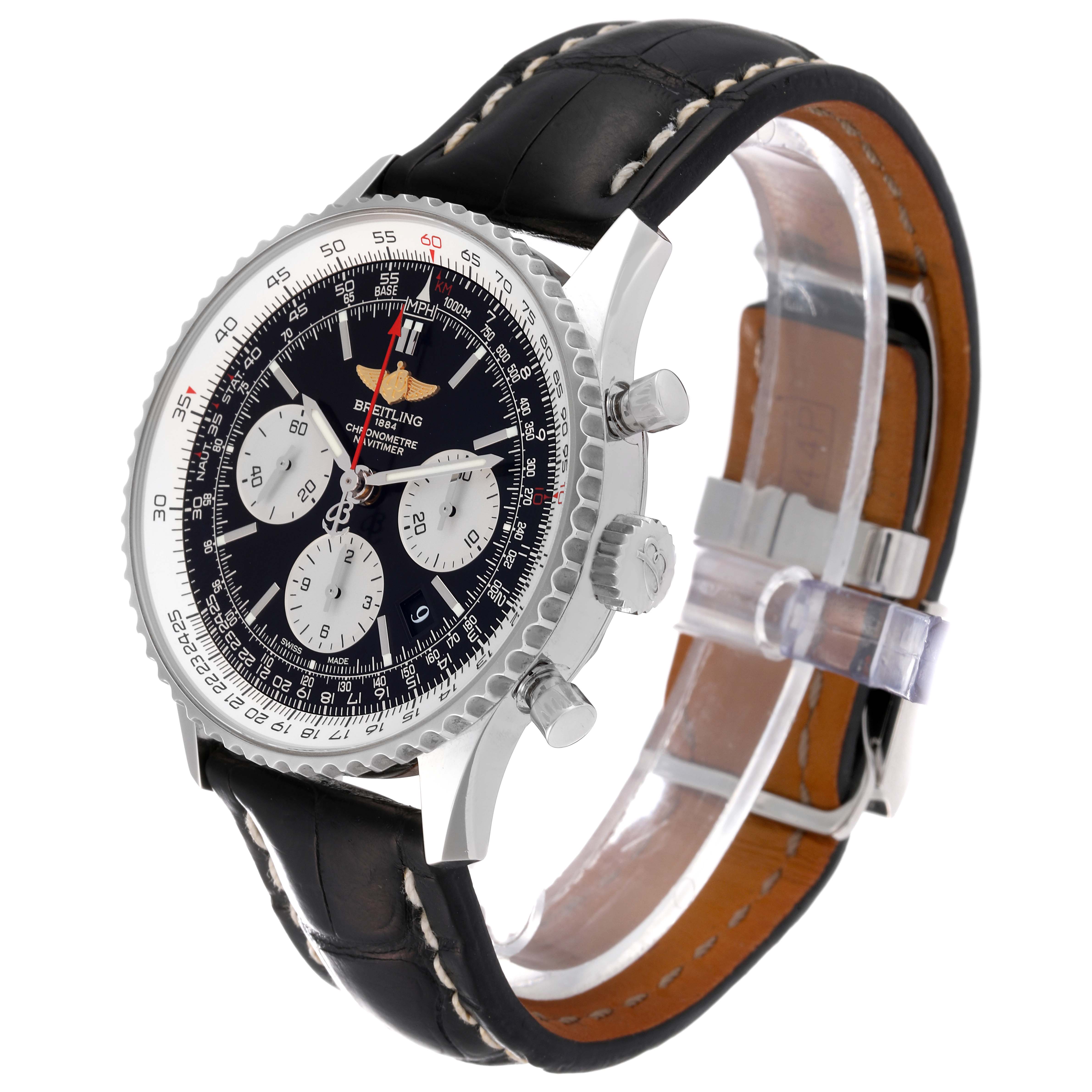 The image shows a side view of the Breitling Navitimer AB0120 Men
s Stainless Steel Black Dial AB0120 Men
s Stainless Steel Black Dial watch, highlighting the black leather strap and detailed chronograph dial.