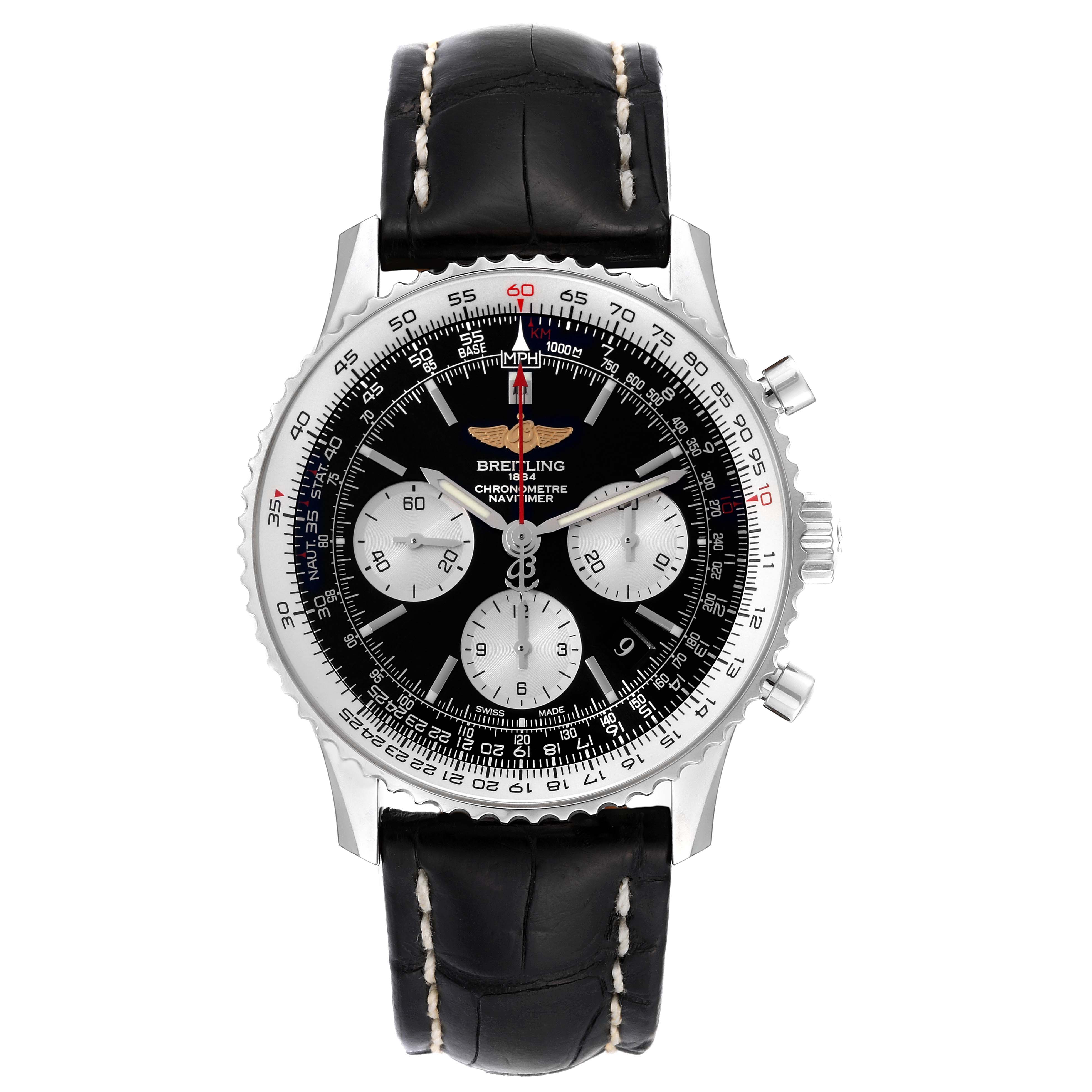 The image shows a front view of a Breitling Navitimer AB0120 Men
s Stainless Steel Black Dial AB0120 Men
s Stainless Steel Black Dial watch, displaying its black dial, three sub-dials, and a black leather strap.
