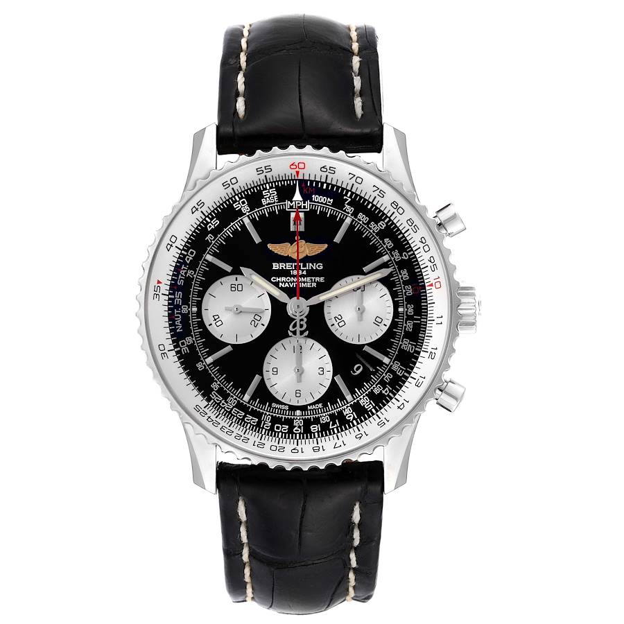 The image shows a front view of a Breitling Navitimer watch, displaying its black dial, three sub-dials, and a black leather strap.