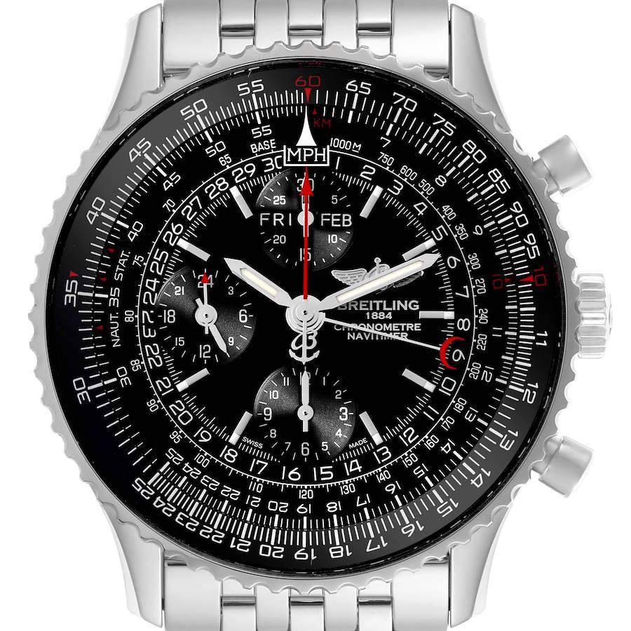 The Breitling Navitimer watch is shown from the front, displaying its black dial, chronograph subdials, and stainless steel bracelet.