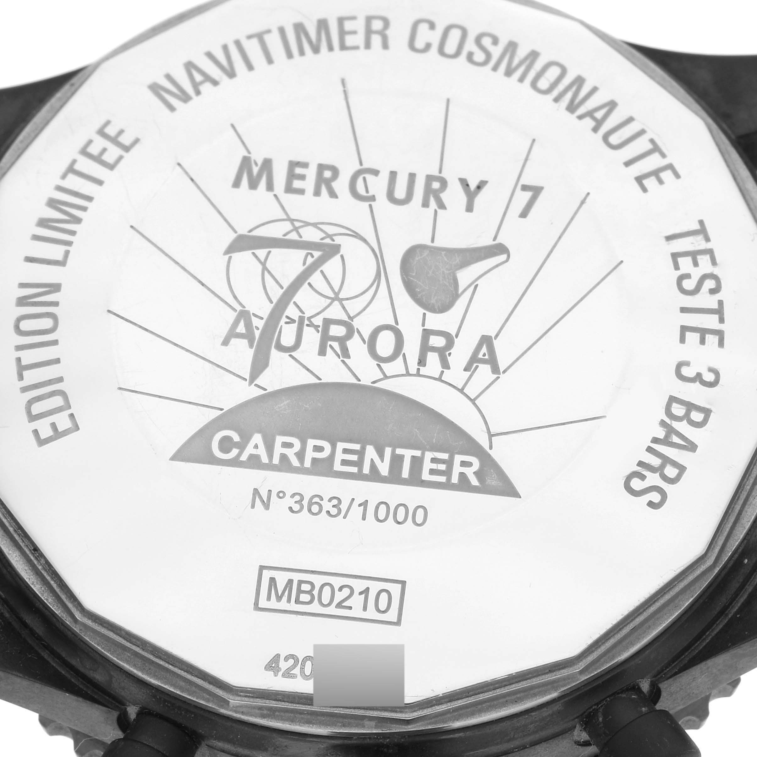 This image shows the case back of the Limited Series Breitling Navitimer MB0210B6/BC79 Men
s Stainless Steel Black Dial MB0210B6/BC79 Men
s Stainless Steel Black Dial Cosmonaut watch.