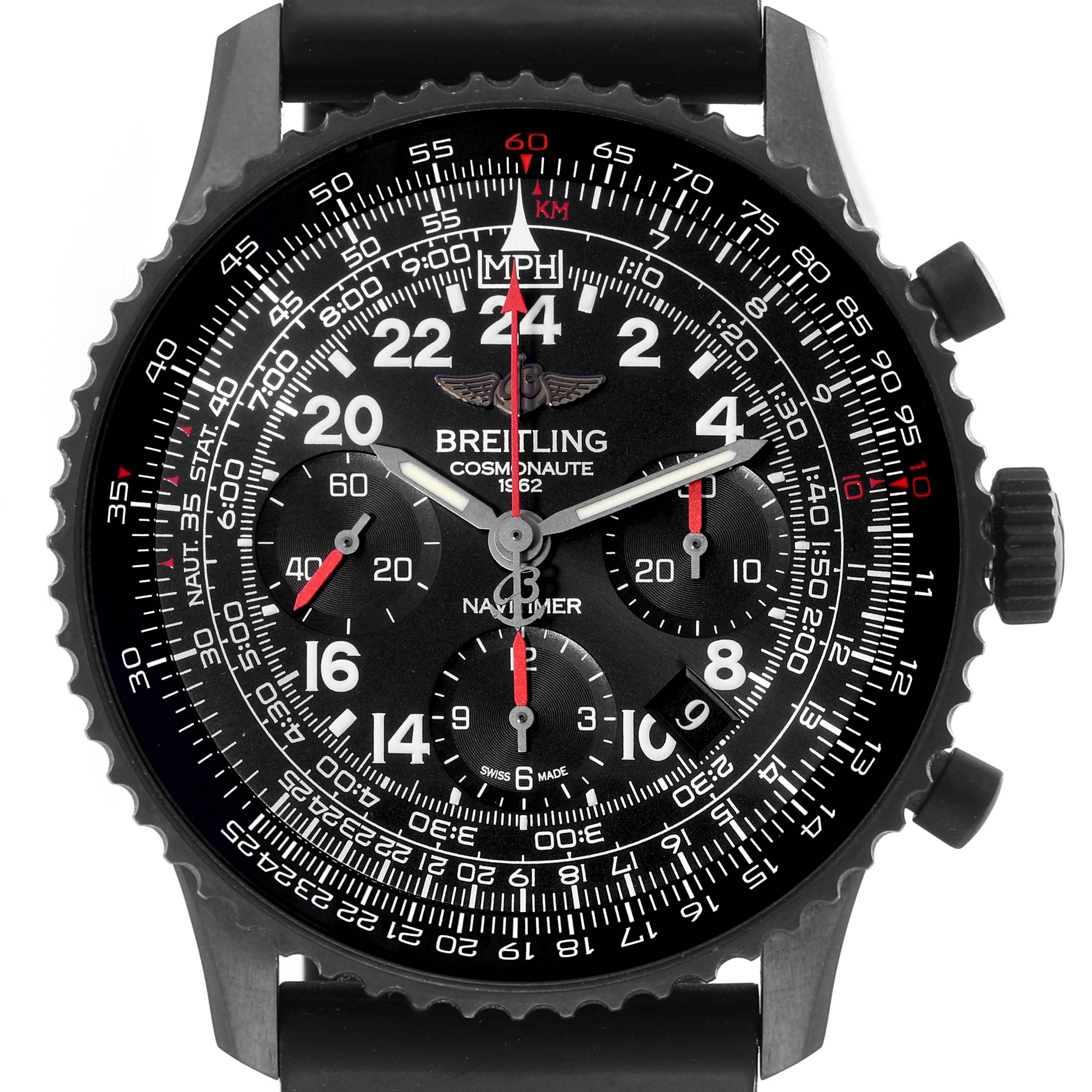 The image shows the face of a Breitling Navitimer MB0210B6/BC79 Men
s Stainless Steel Black Dial MB0210B6/BC79 Men
s Stainless Steel Black Dial watch, captured from a top-down angle, highlighting its intricate dial and bezel.