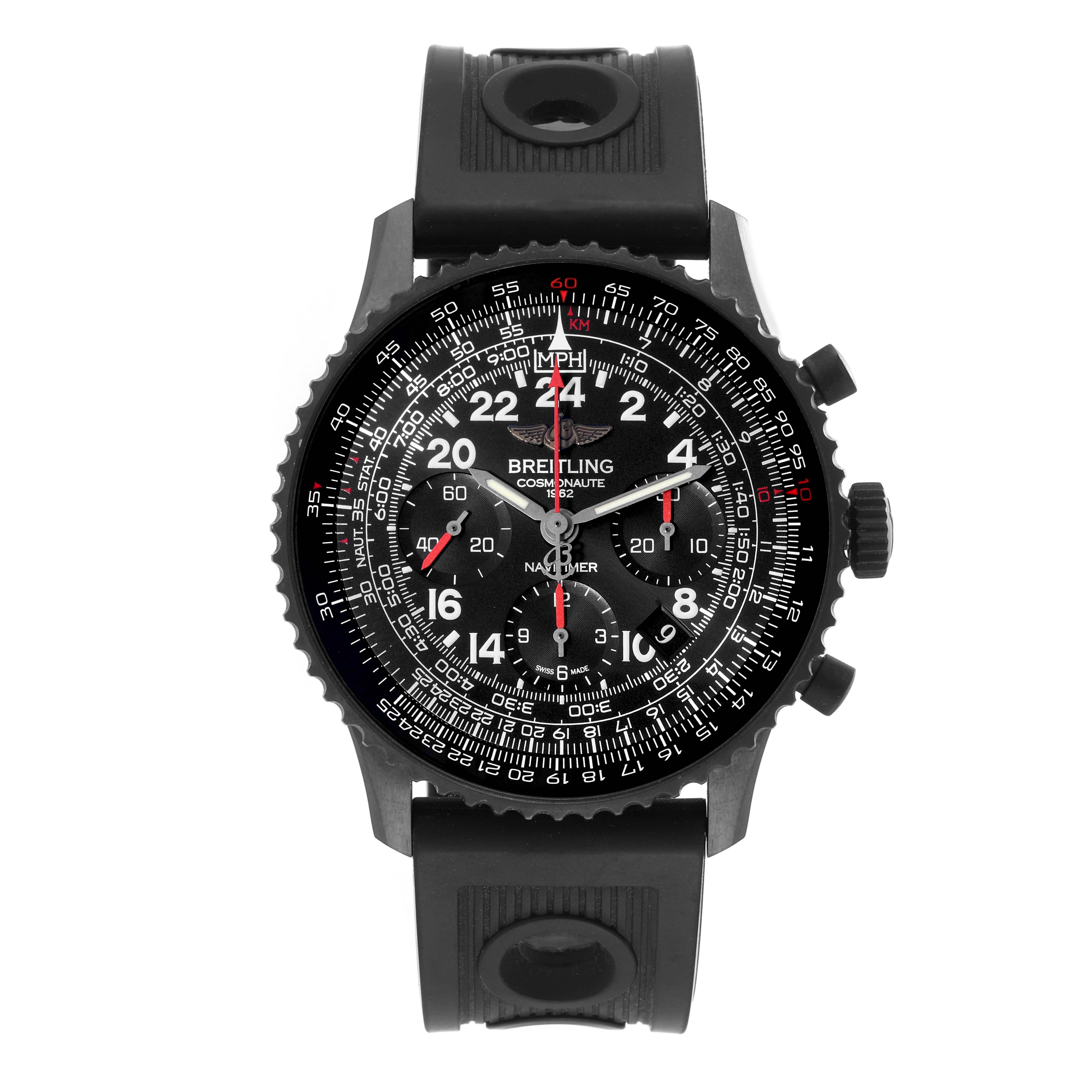 The Breitling Navitimer MB0210B6/BC79 Men
s Stainless Steel Black Dial MB0210B6/BC79 Men
s Stainless Steel Black Dial Cosmonaute Limited Series watch is shown from a top-down angle, highlighting its dial and strap.