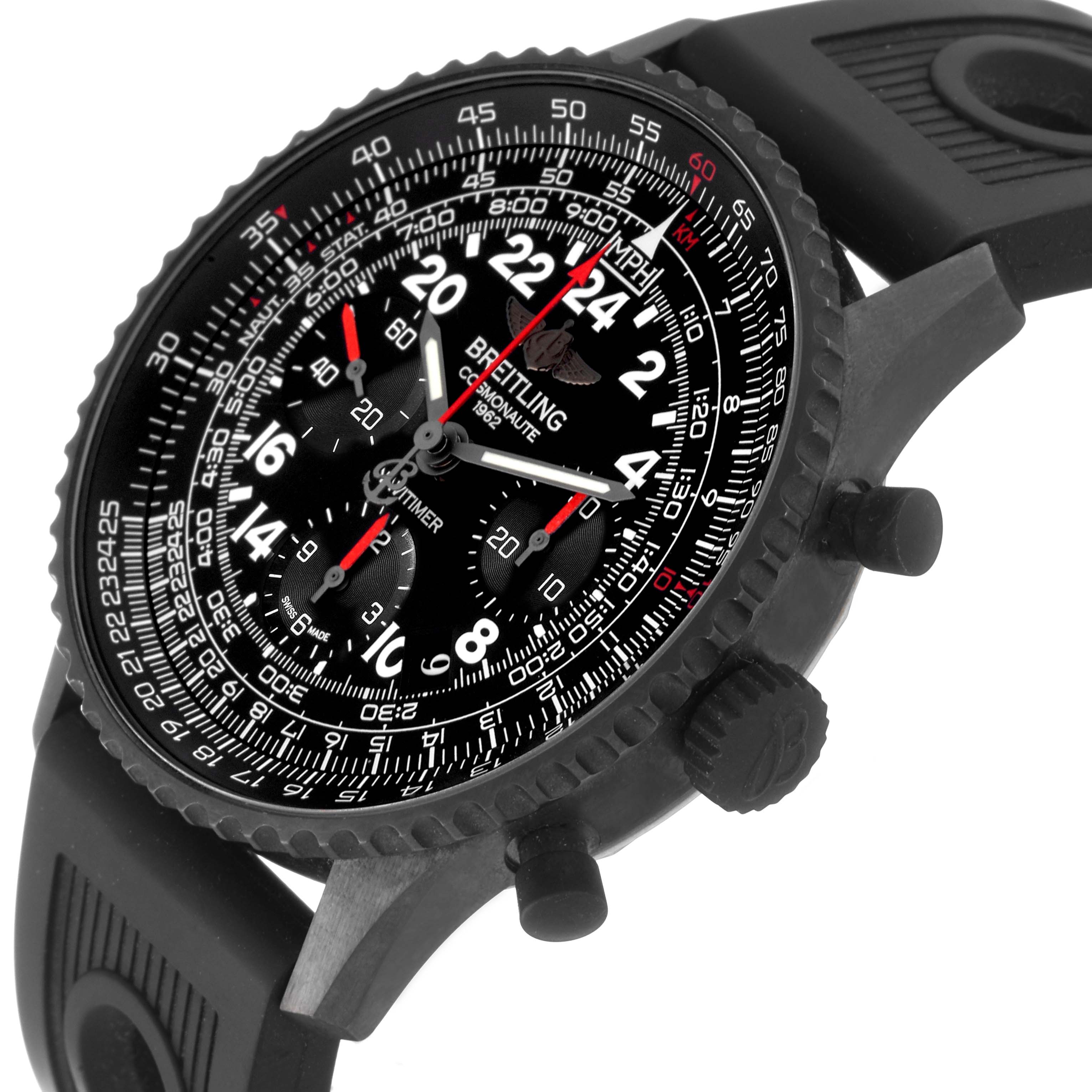 This image shows a side angle of the Breitling Limited Series watch, highlighting its dial, bezel, and rubber strap.