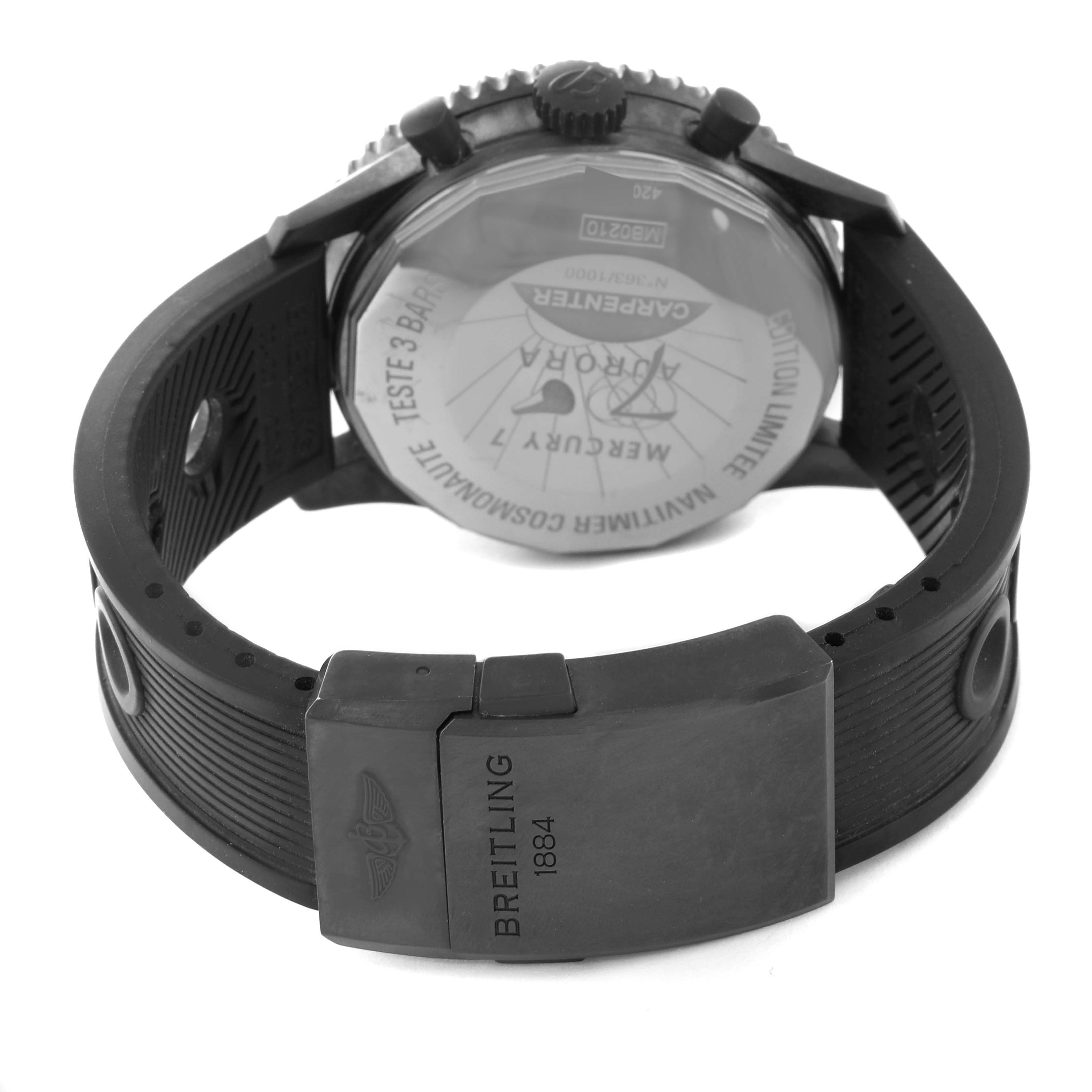 The Breitling Limited Series watch is shown from the back, highlighting the strap and clasp.