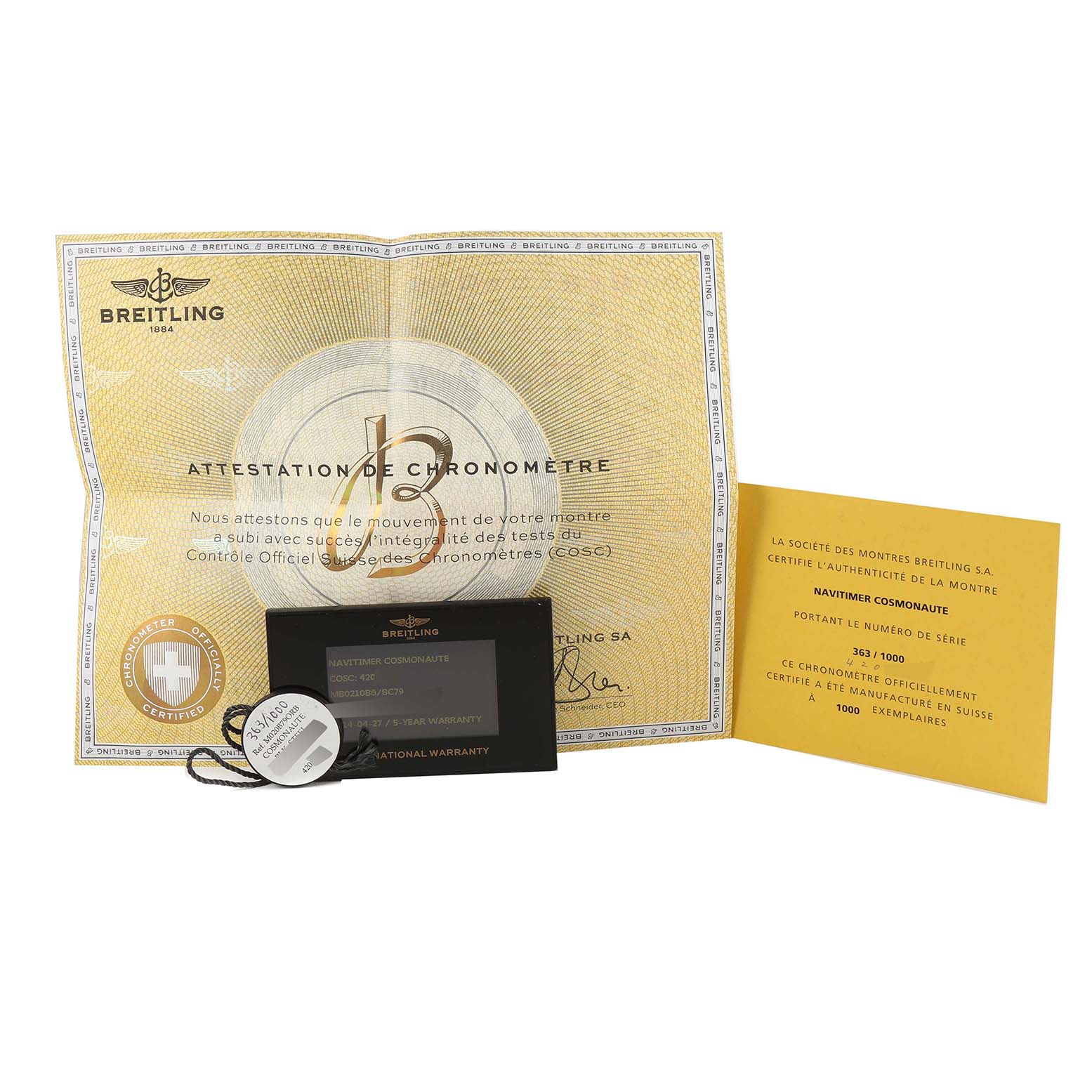 The image shows the certification and warranty card for a Breitling Navitimer MB0210B6/BC79 Men
s Stainless Steel Black Dial MB0210B6/BC79 Men
s Stainless Steel Black Dial Cosmonaut Limited Series watch.