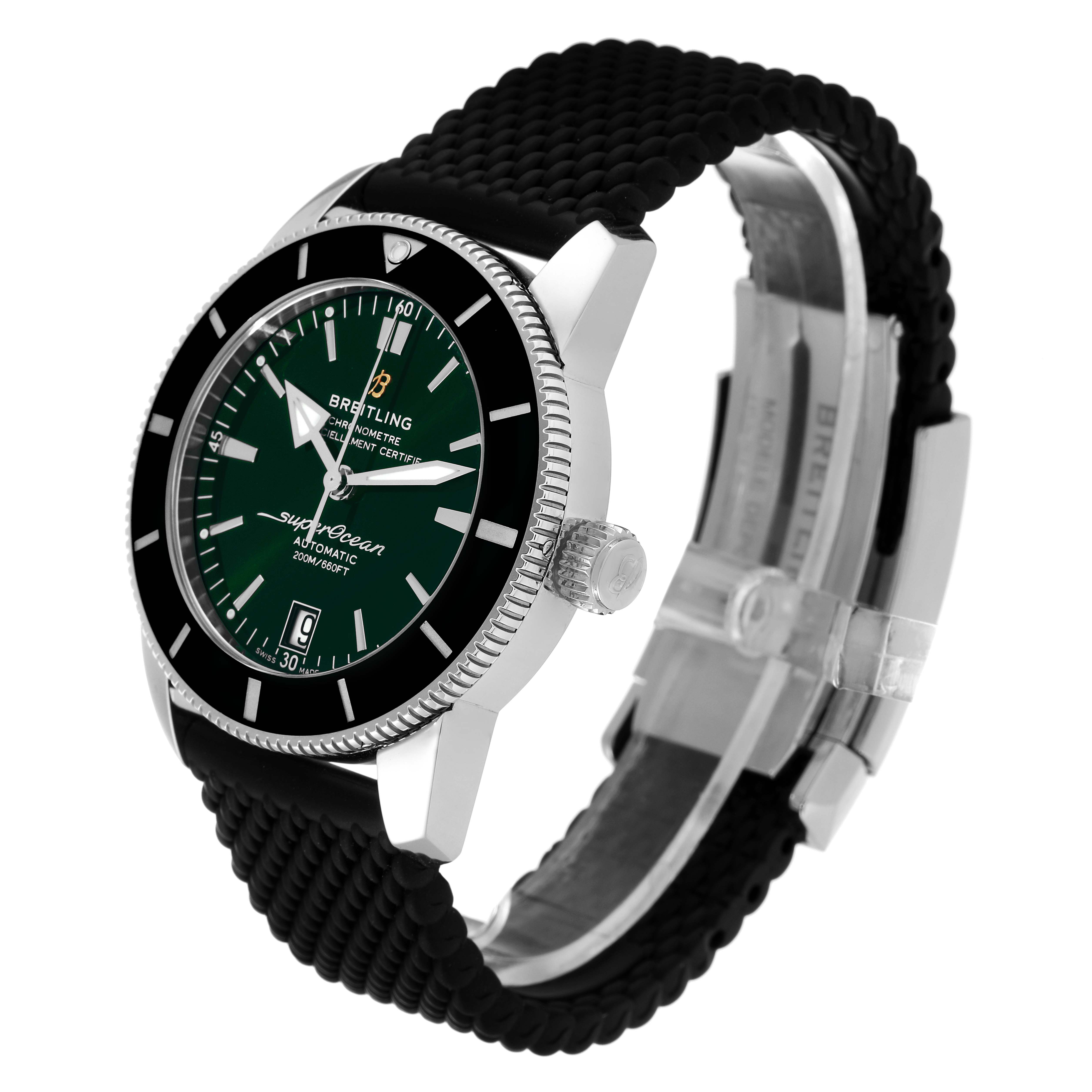 The Breitling Superocean AB2010 Men's Stainless Steel Green Dial AB2010 Men's Stainless Steel Green Dial watch is displayed at a three-quarter profile, highlighting the face, bezel, crown, and rubber strap.