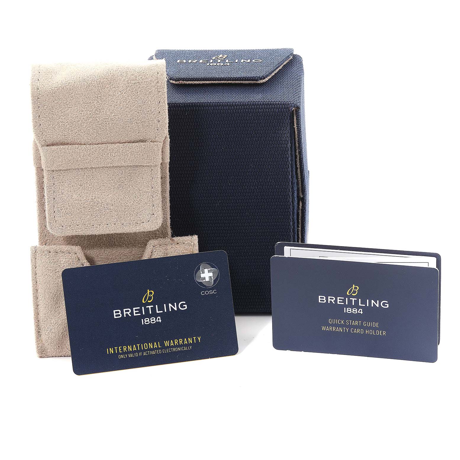 The image shows accessories for the Breitling Superocean AB2010 Men's Stainless Steel Green Dial AB2010 Men's Stainless Steel Green Dial model, including a beige suede case, warranty card, guide, and blue storage box.