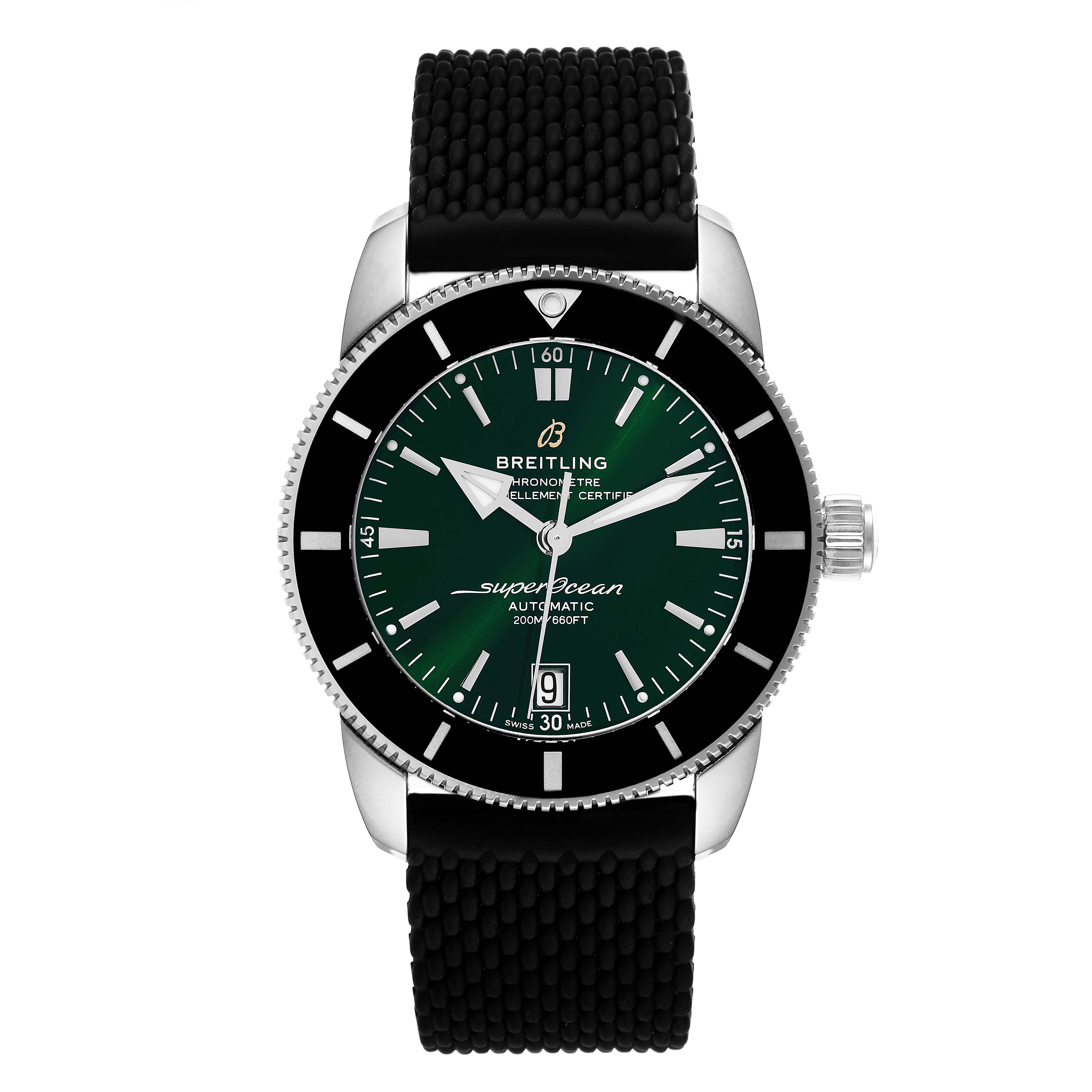 This image shows a front view of the Breitling Superocean AB2010 Men's Stainless Steel Green Dial AB2010 Men's Stainless Steel Green Dial watch featuring a green dial, black bezel, and black textured strap.
