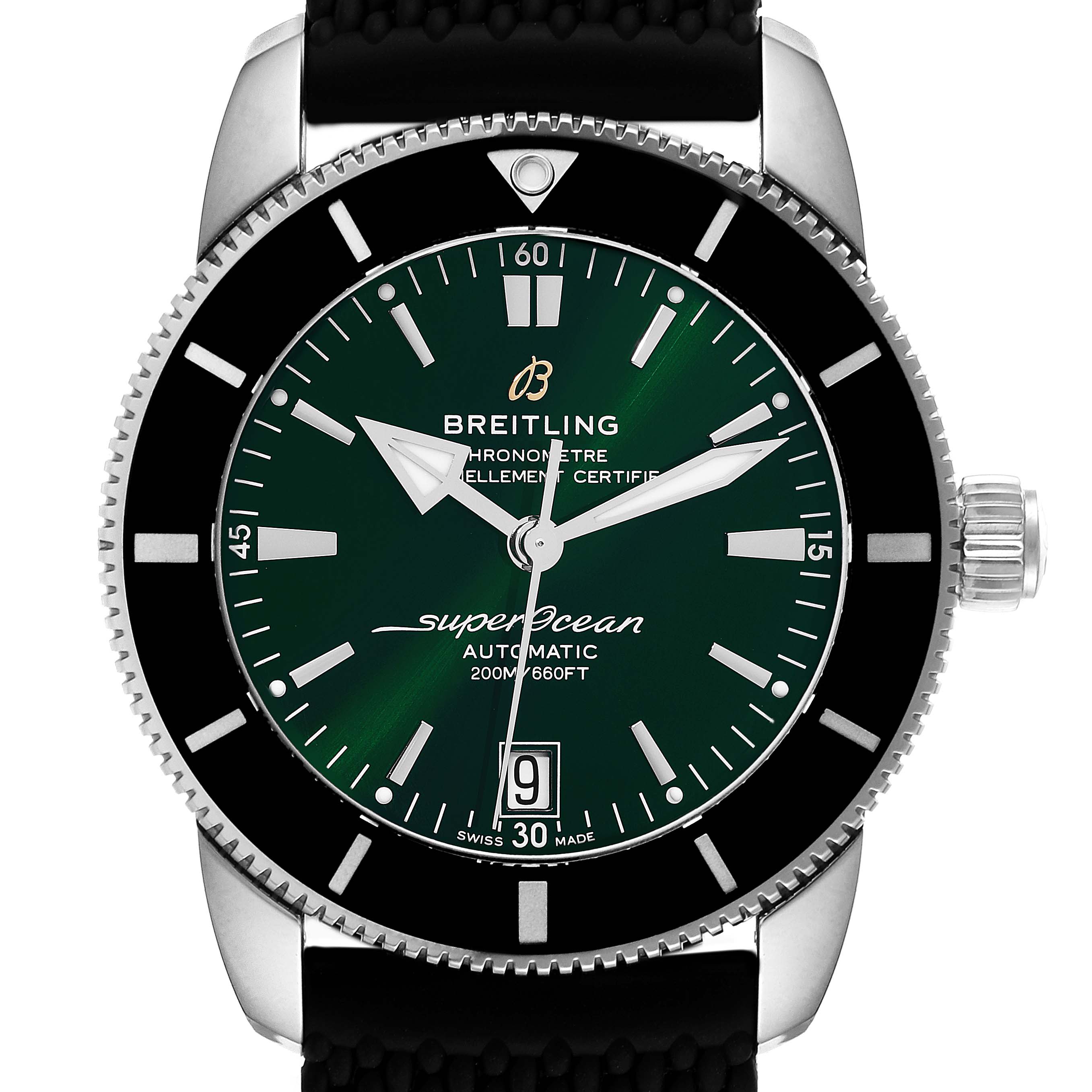 The image shows a front view of the Breitling Superocean AB2010 Men's Stainless Steel Green Dial AB2010 Men's Stainless Steel Green Dial watch, highlighting the dial, bezel, hands, and crown.