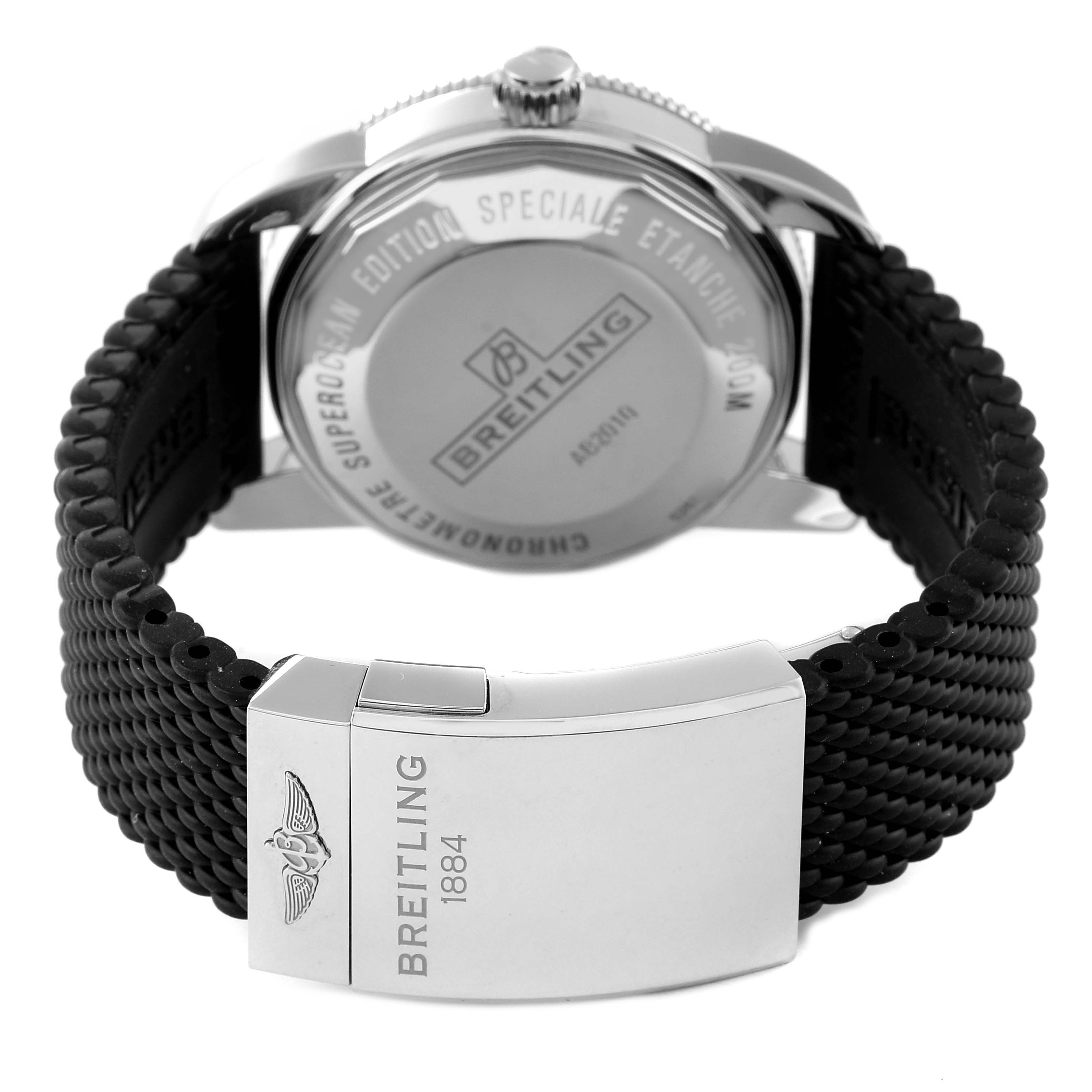 The image shows the back of a Breitling Superocean AB2010 Men's Stainless Steel Green Dial AB2010 Men's Stainless Steel Green Dial watch, featuring the case back, crown, and clasp of the watch band.