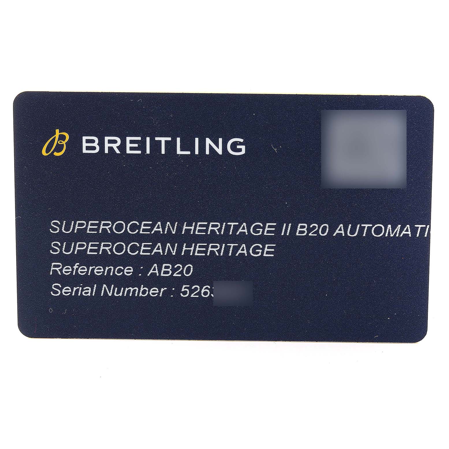 The image shows the warranty or certification card for a Breitling Superocean AB2010 Men's Stainless Steel Green Dial AB2010 Men's Stainless Steel Green Dial Heritage II B20 Automatic watch.