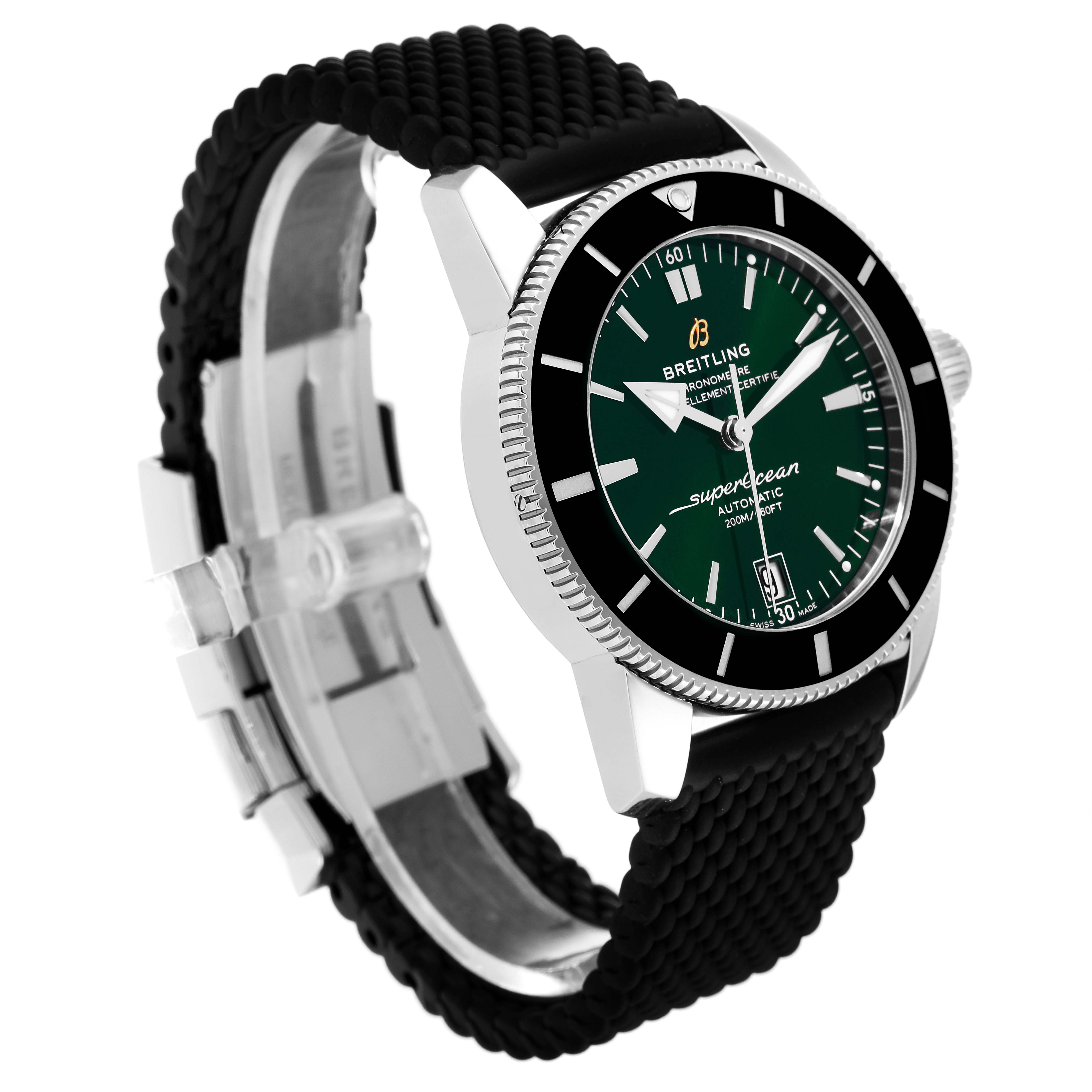 The Breitling Superocean AB2010 Men's Stainless Steel Green Dial AB2010 Men's Stainless Steel Green Dial watch is shown at an angled side view, highlighting its green dial, black bezel, and textured strap.
