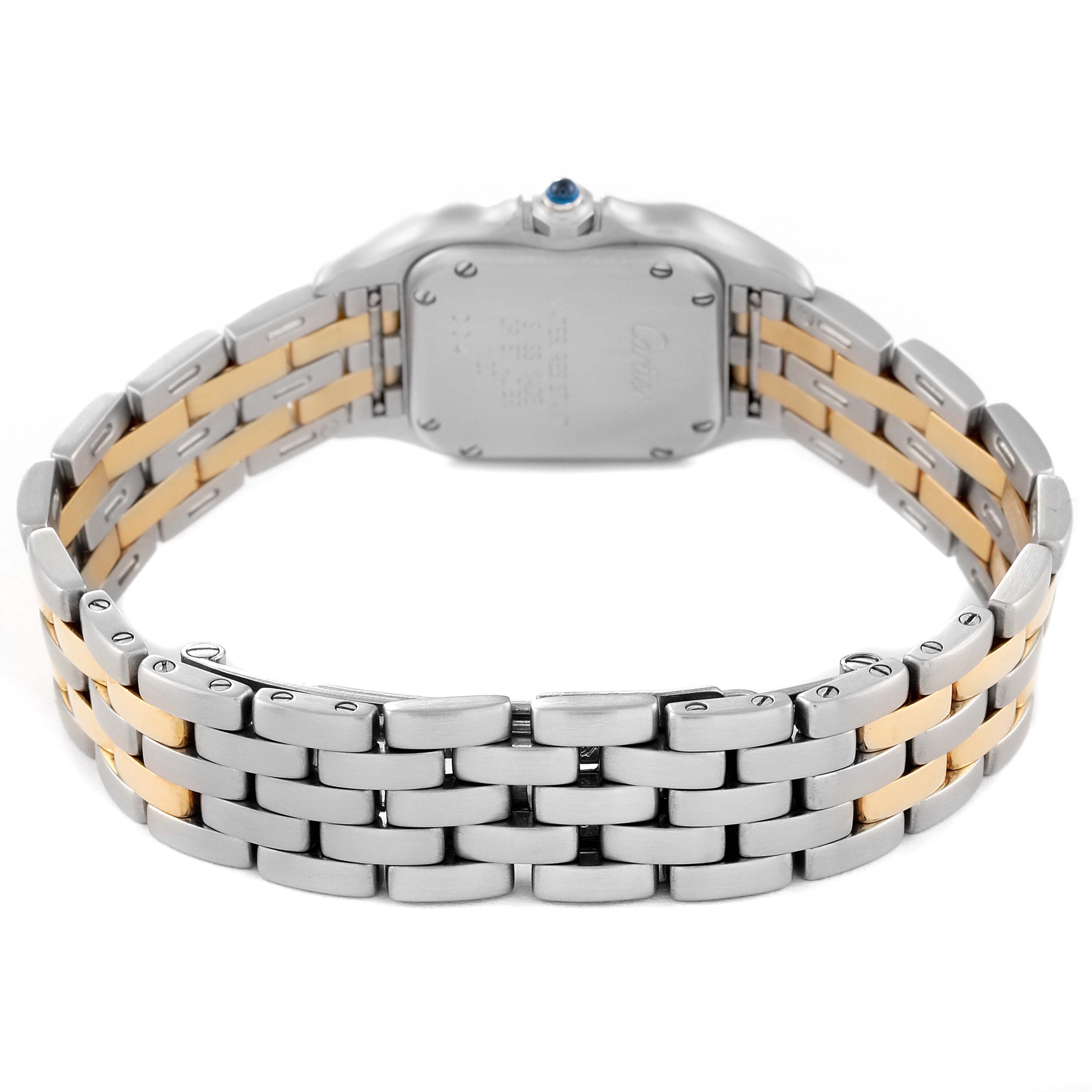 This image shows the back view of the Cartier Panthere W25029B6 Women's Steel and Gold (two tone) Silver Dial W25029B6 Women's Steel and Gold (two tone) Silver Dial model watch, highlighting its two-tone metal bracelet and case back.