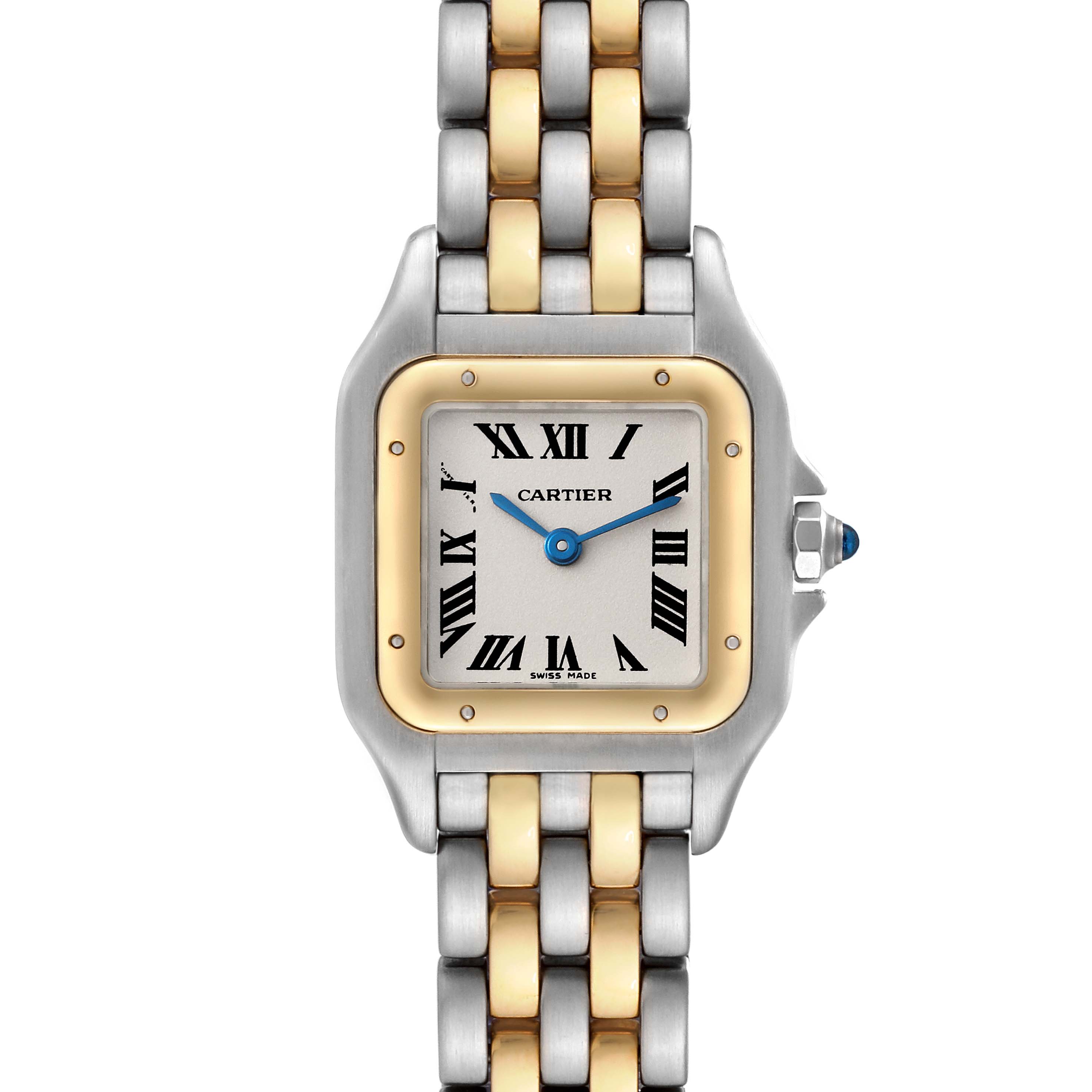 The image shows a front view of the Cartier Panthere W25029B6 Women's Steel and Gold (two tone) Silver Dial W25029B6 Women's Steel and Gold (two tone) Silver Dial watch, highlighting its face, bezel, and bracelet.