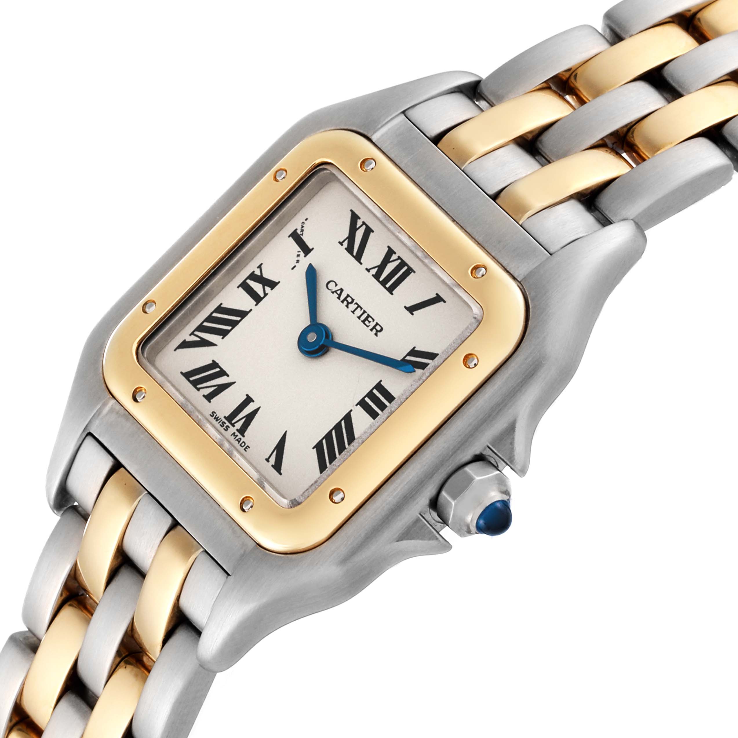 The image shows a close-up, angled view of the Cartier Panthere W25029B6 Women's Steel and Gold (two tone) Silver Dial W25029B6 Women's Steel and Gold (two tone) Silver Dial model watch, highlighting its dial, case, and part of the bracelet.
