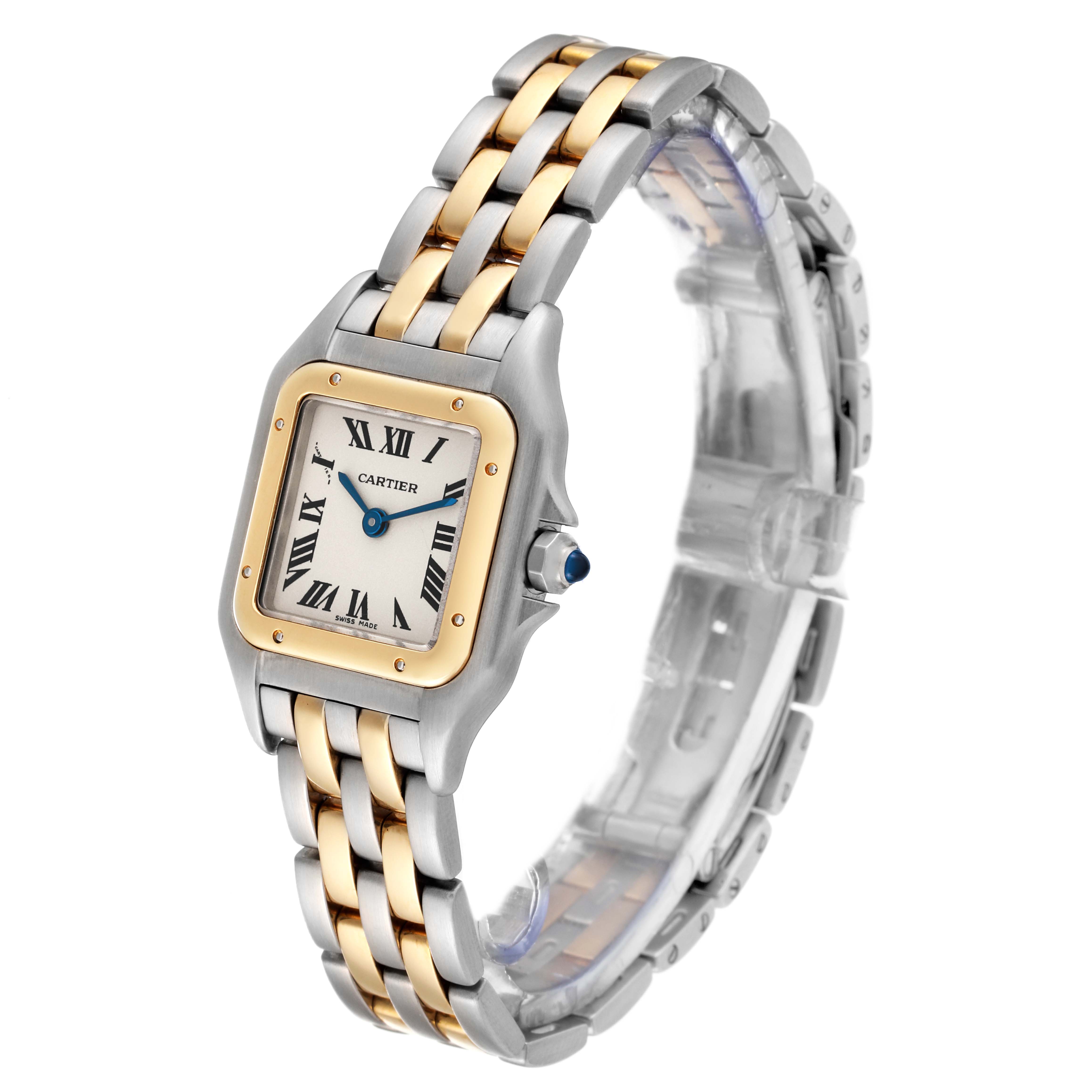 The image shows a Cartier Panthere W25029B6 Women's Steel and Gold (two tone) Silver Dial W25029B6 Women's Steel and Gold (two tone) Silver Dial watch at a front-left angle, highlighting its face, bezel, crown, and bracelet.