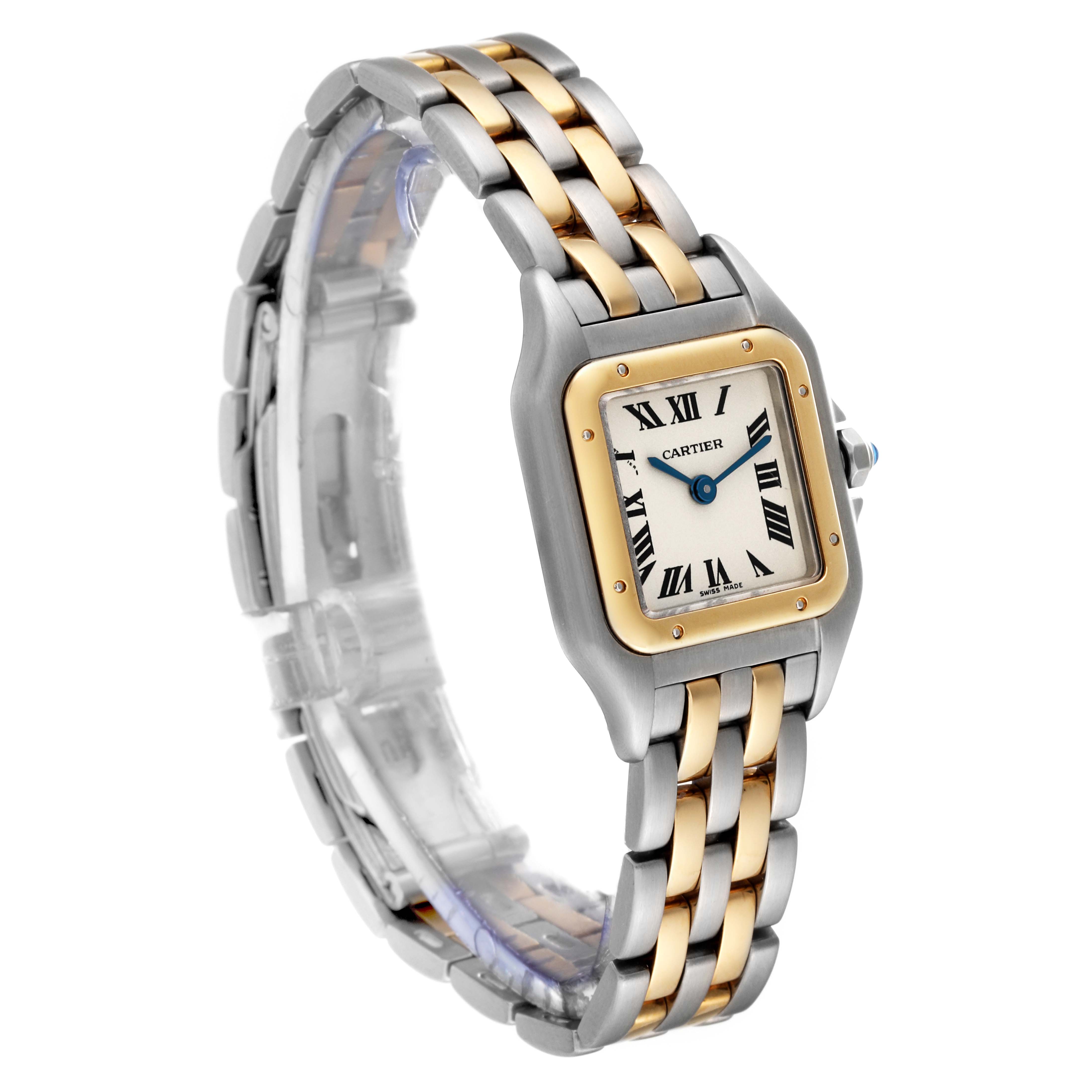 The image shows a Panthere model by Cartier watch at a slight angle, highlighting its two-tone bracelet and square face.