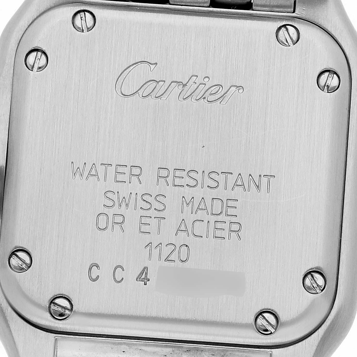 This is the back of a Cartier Panthere W25029B6 Women's Steel and Gold (two tone) Silver Dial W25029B6 Women's Steel and Gold (two tone) Silver Dial watch showing engravings and screws.