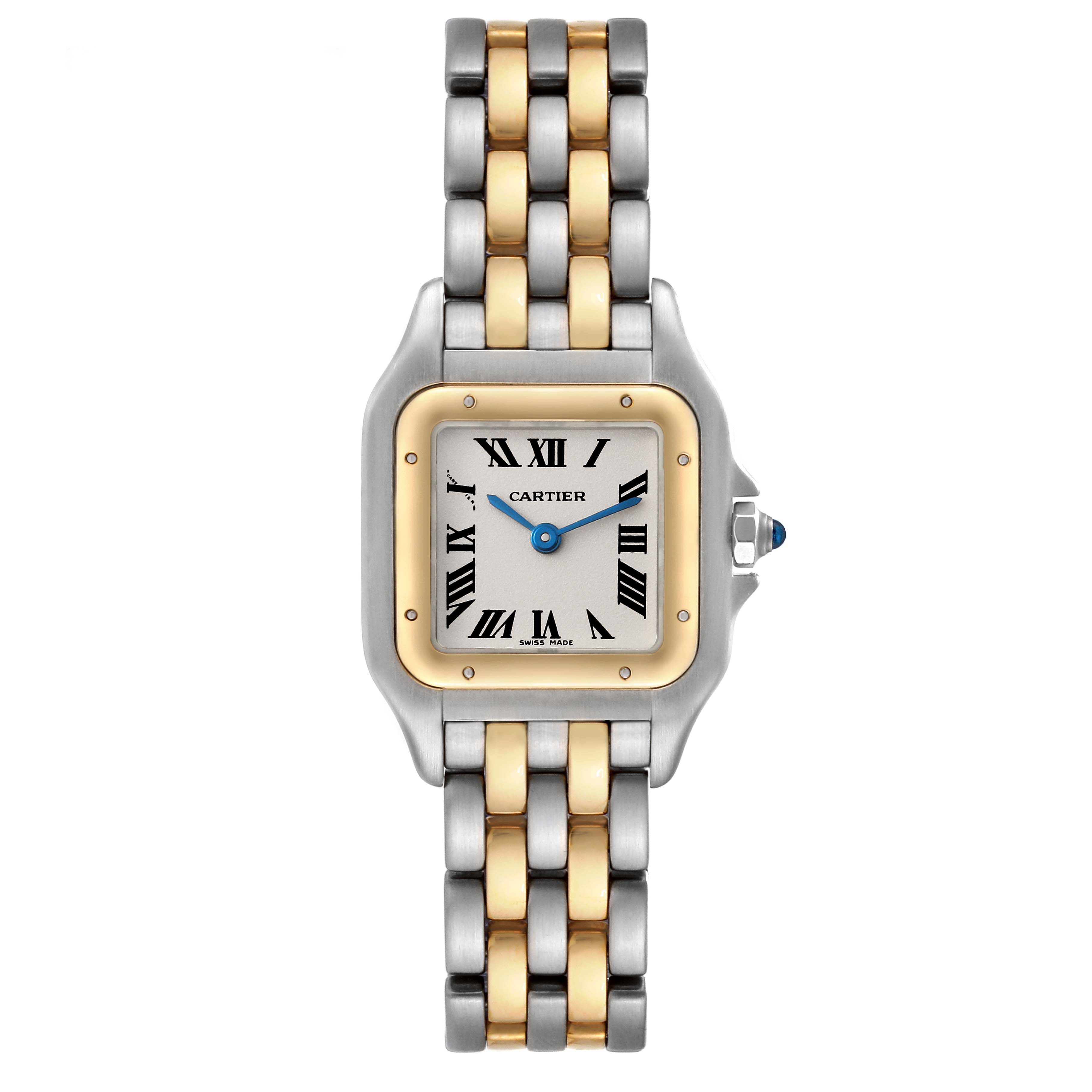 This image shows a front view of Cartier Panthere W25029B6 Women's Steel and Gold (two tone) Silver Dial W25029B6 Women's Steel and Gold (two tone) Silver Dial watch, displaying its two-tone bracelet, square face, and Roman numeral dial.