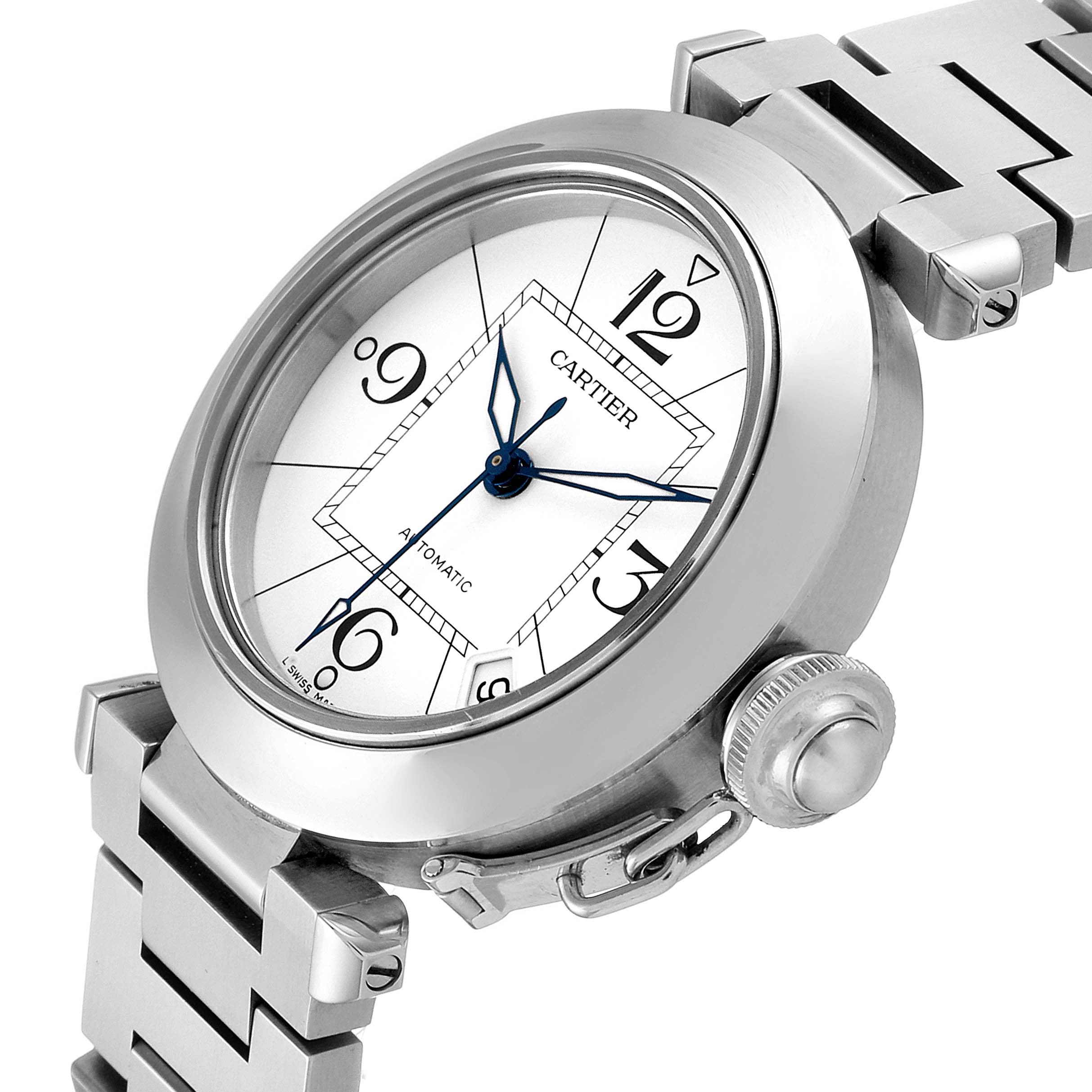 The image shows a close-up, angled view of the Cartier Pasha W31074M7 Men's Stainless Steel White Dial W31074M7 Men's Stainless Steel White Dial watch face, bezel, and part of the bracelet.