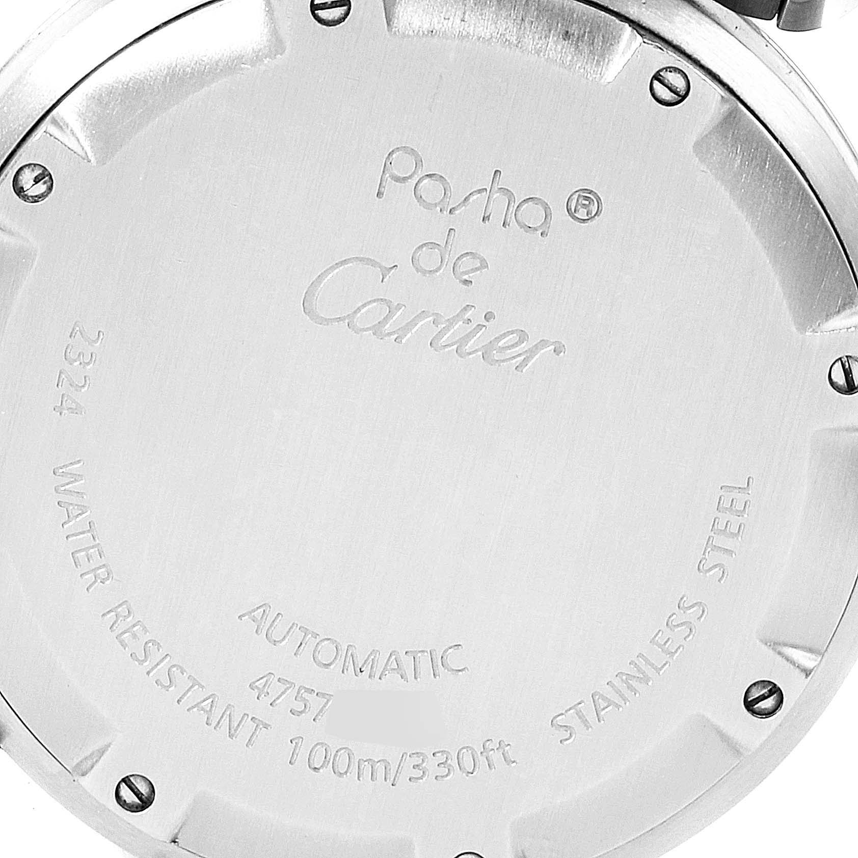 This is a close-up of the back case of a Pasha de Cartier watch, displaying its engravings and specifications.