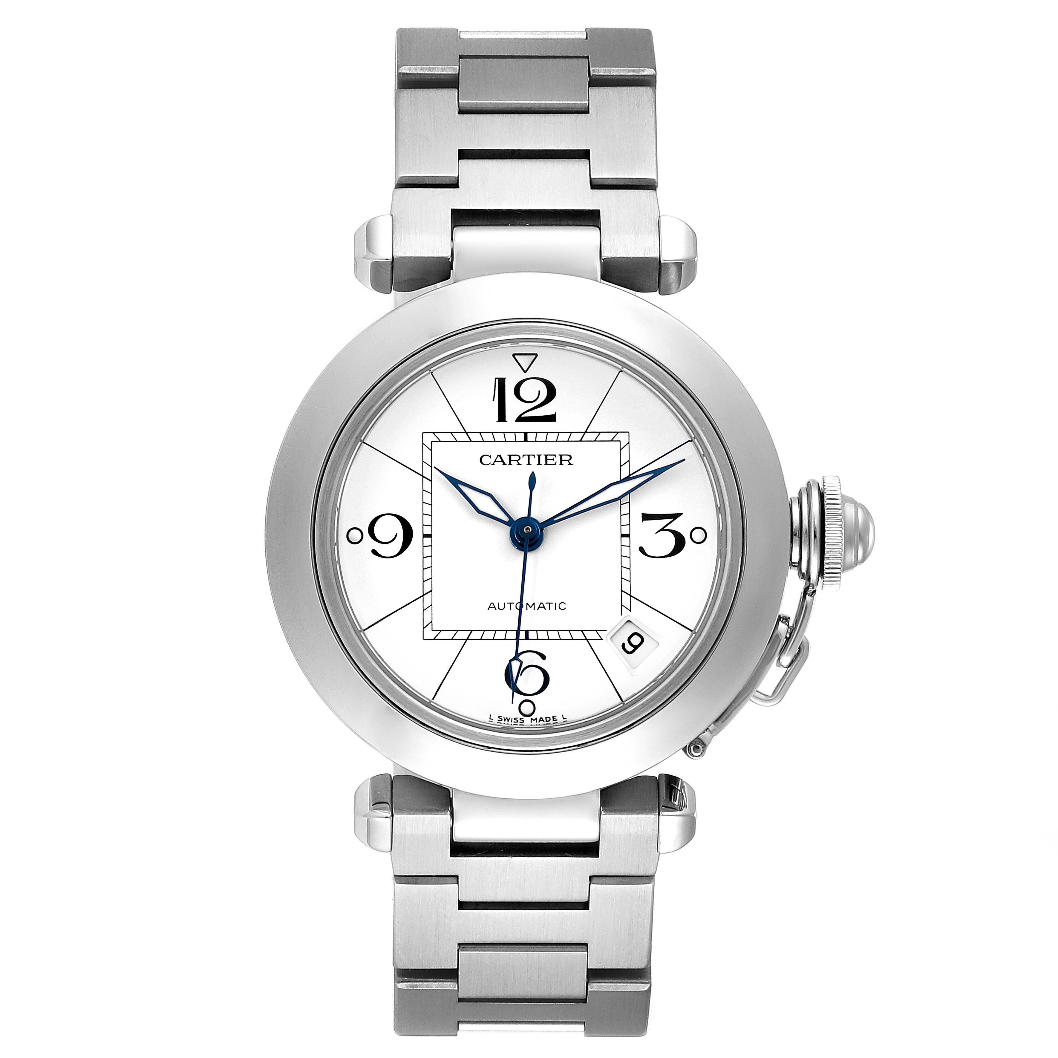 The image shows a front view of the Cartier Pasha W31074M7 Men's Stainless Steel White Dial W31074M7 Men's Stainless Steel White Dial model watch, highlighting its dial, hands, bezel, and stainless steel bracelet.