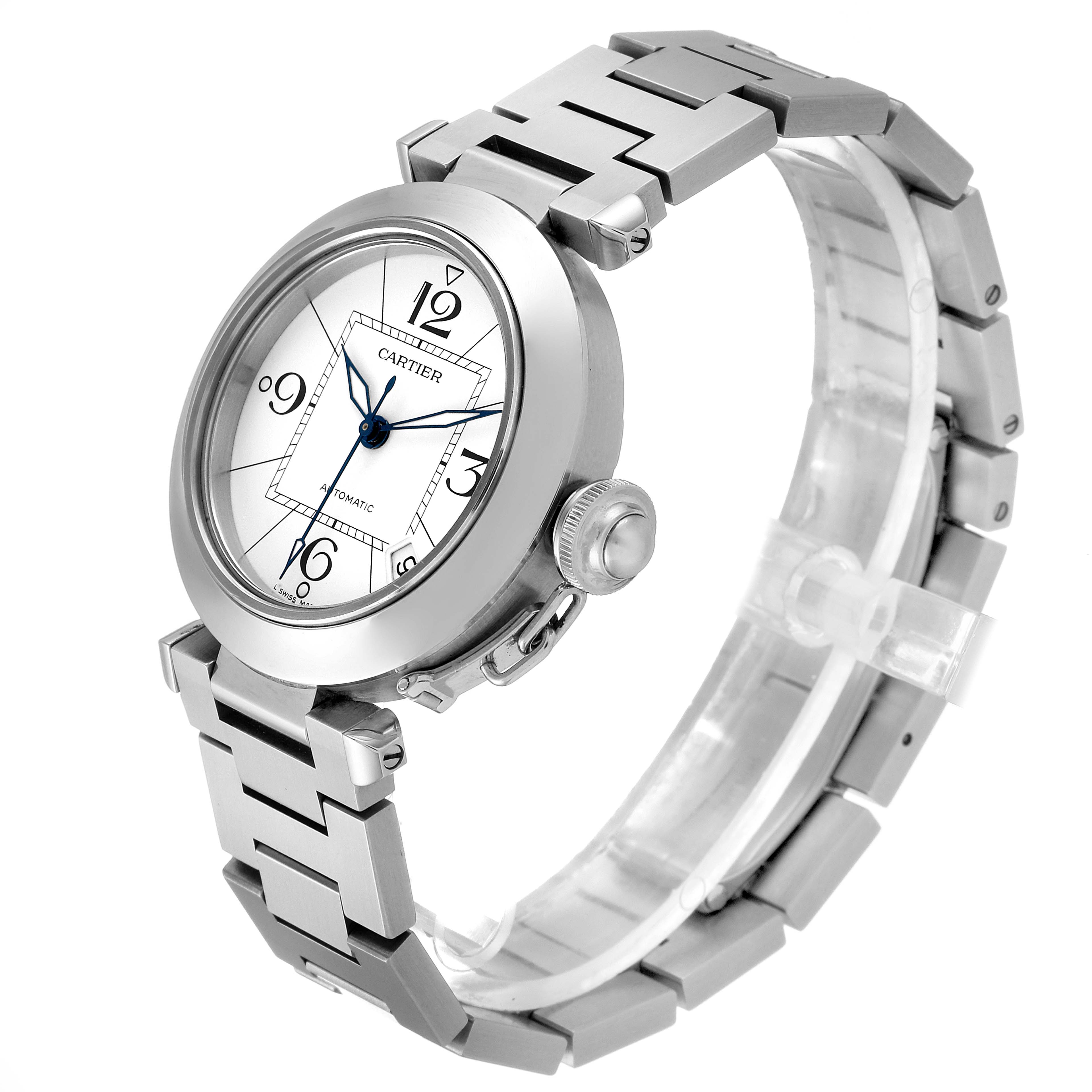 The image shows a side-angle view of the Cartier Pasha W31074M7 Men's Stainless Steel White Dial W31074M7 Men's Stainless Steel White Dial watch, highlighting the face, bracelet, and crown.