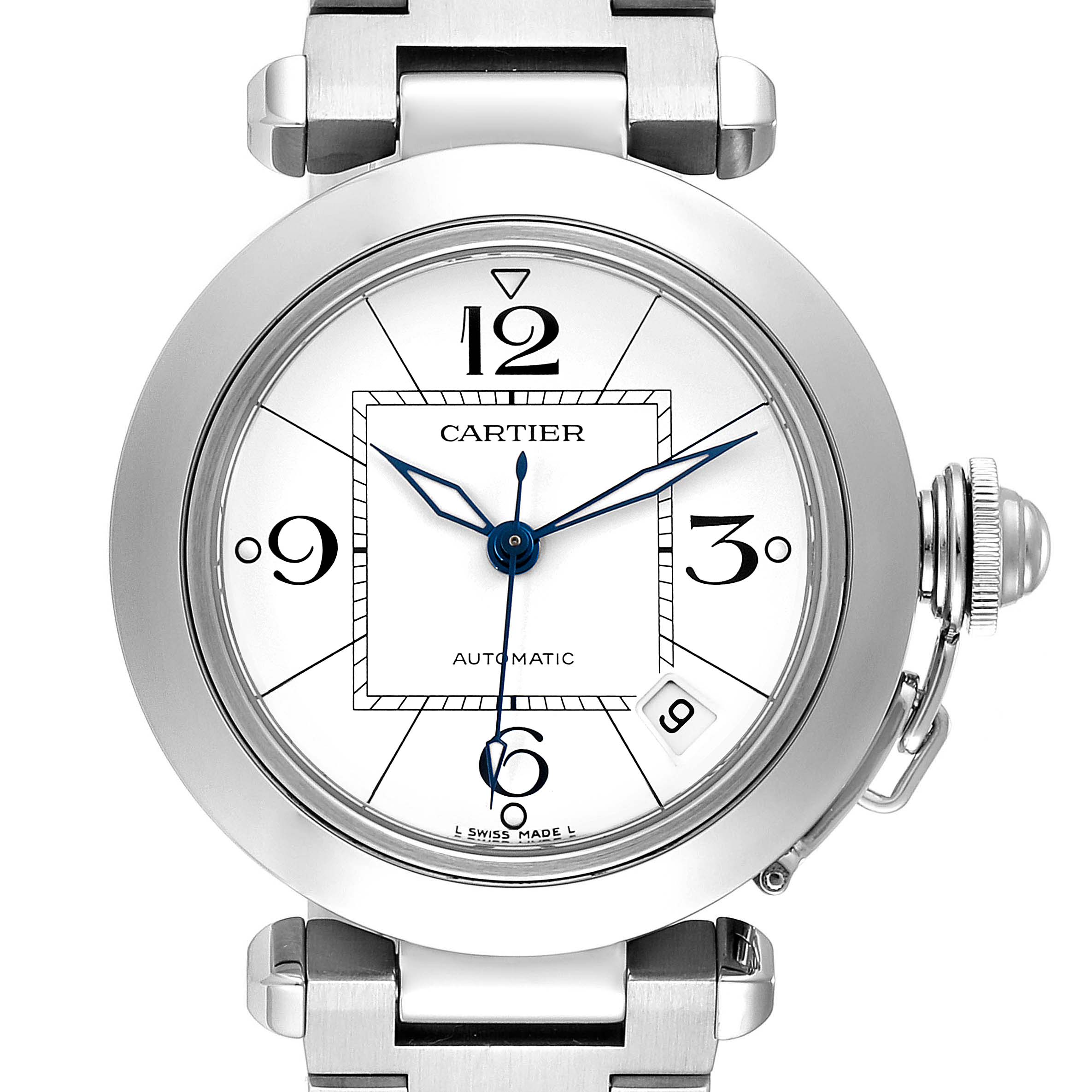 The image shows a front view of a Cartier Pasha W31074M7 Men's Stainless Steel White Dial W31074M7 Men's Stainless Steel White Dial watch, highlighting its dial, hands, and portion of the bracelet.