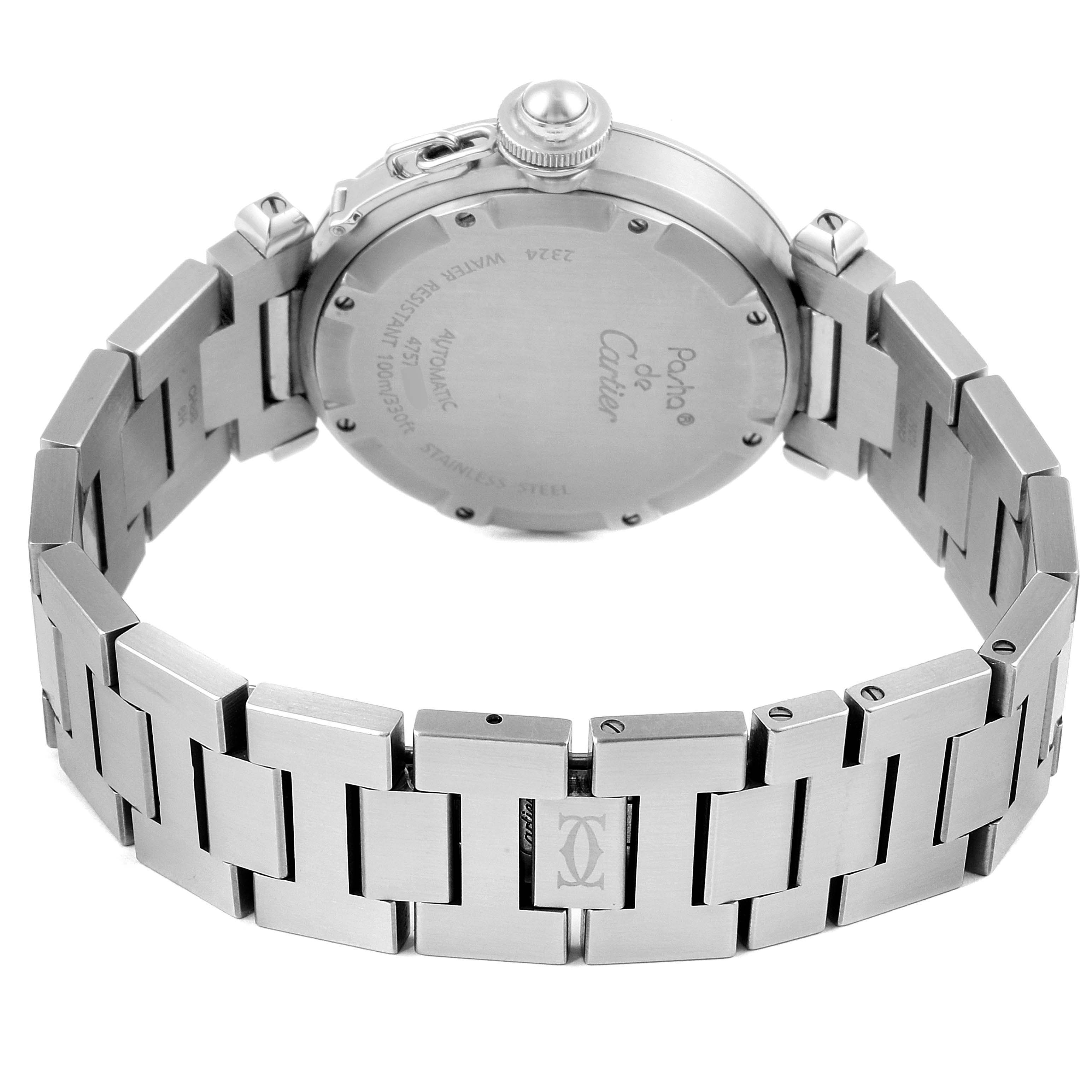The image shows the back and bracelet of a Cartier Pasha W31074M7 Men's Stainless Steel White Dial W31074M7 Men's Stainless Steel White Dial model watch, highlighting its stainless steel construction and clasp.